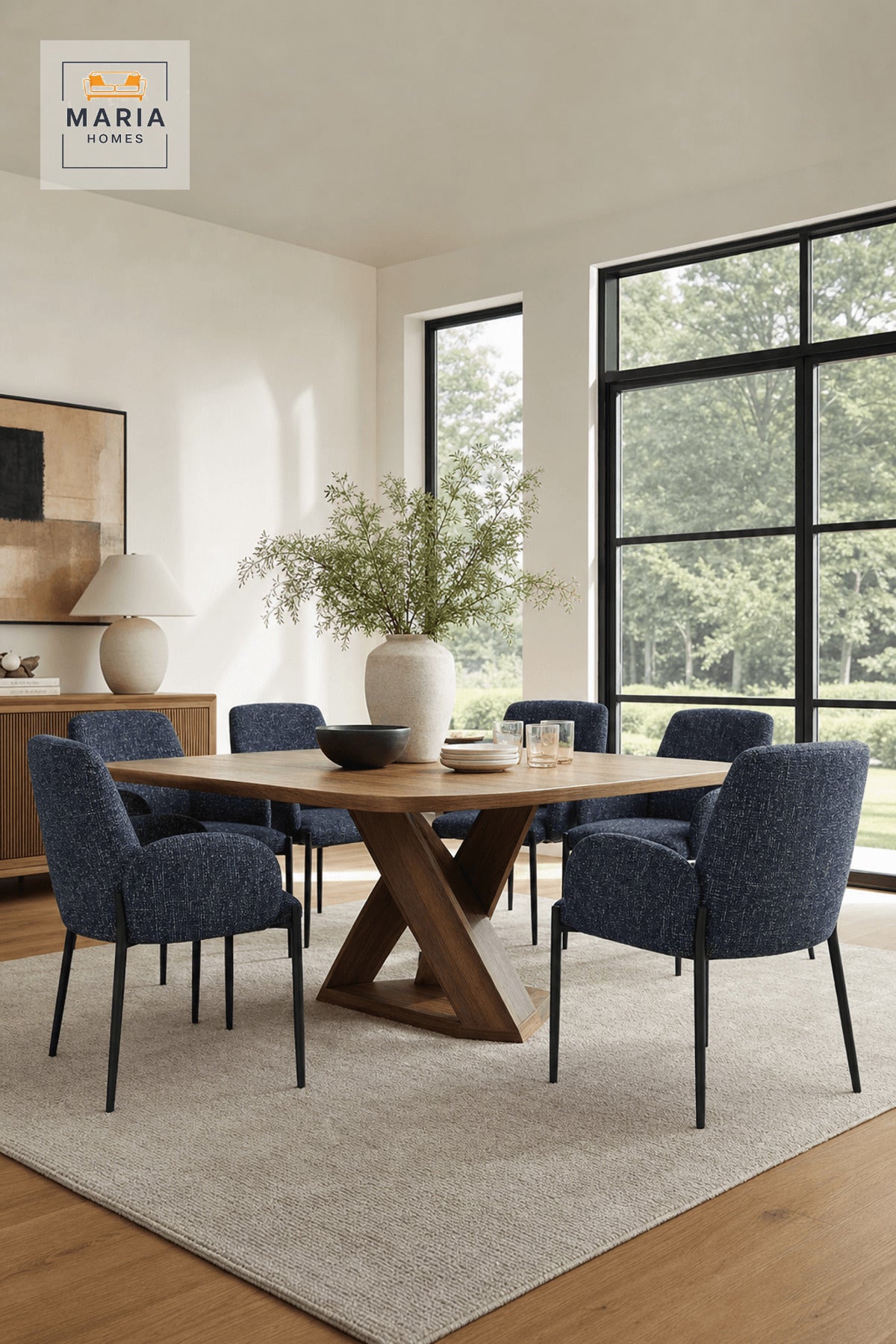Blue Upholstered Dining Chair with Black Metal Legs, Modern Accent Seat