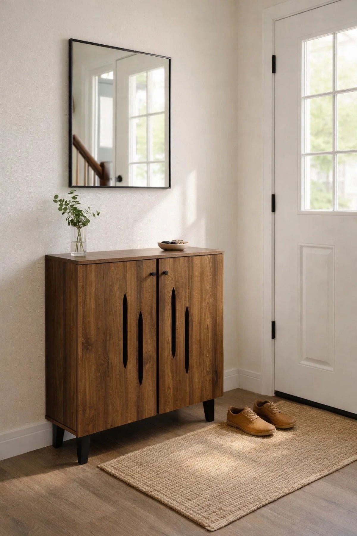 Modern Wooden Shoe Cabinet Dark Brown with Vertical Cut Out Design 80 x 32 x 94 cm