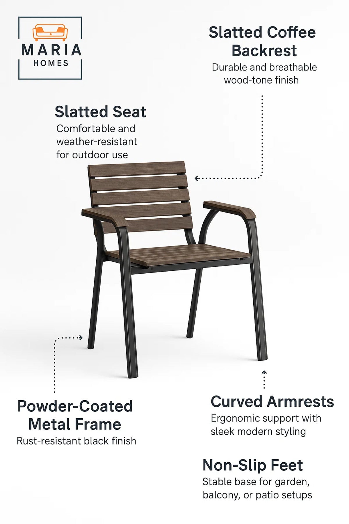 Black Coffee Outdoor Armchair Durable Metal Frame Wooden Look Garden Patio Dining Chair