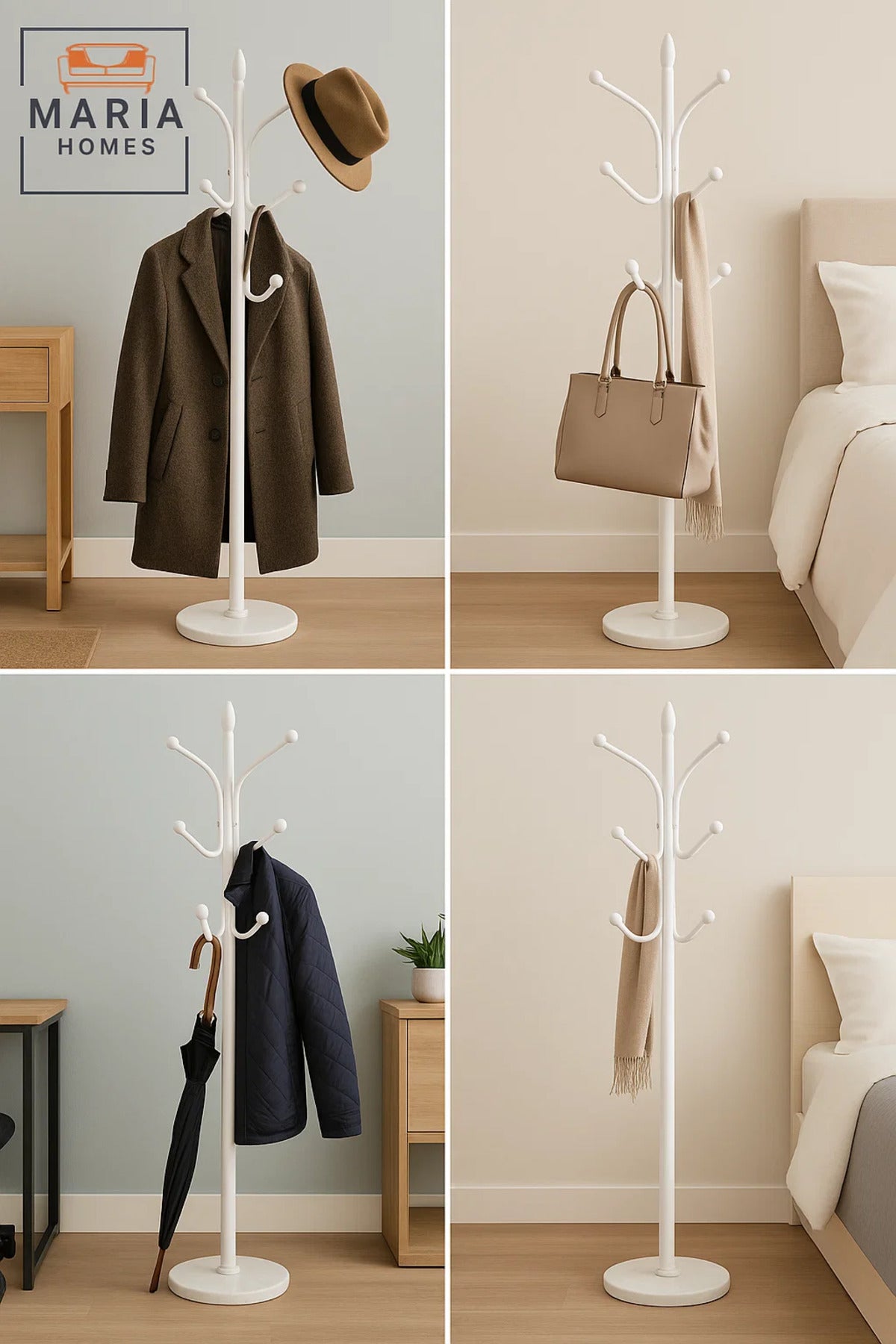 White Metal Coat Rack with Curved Arms and Marble-Look Base