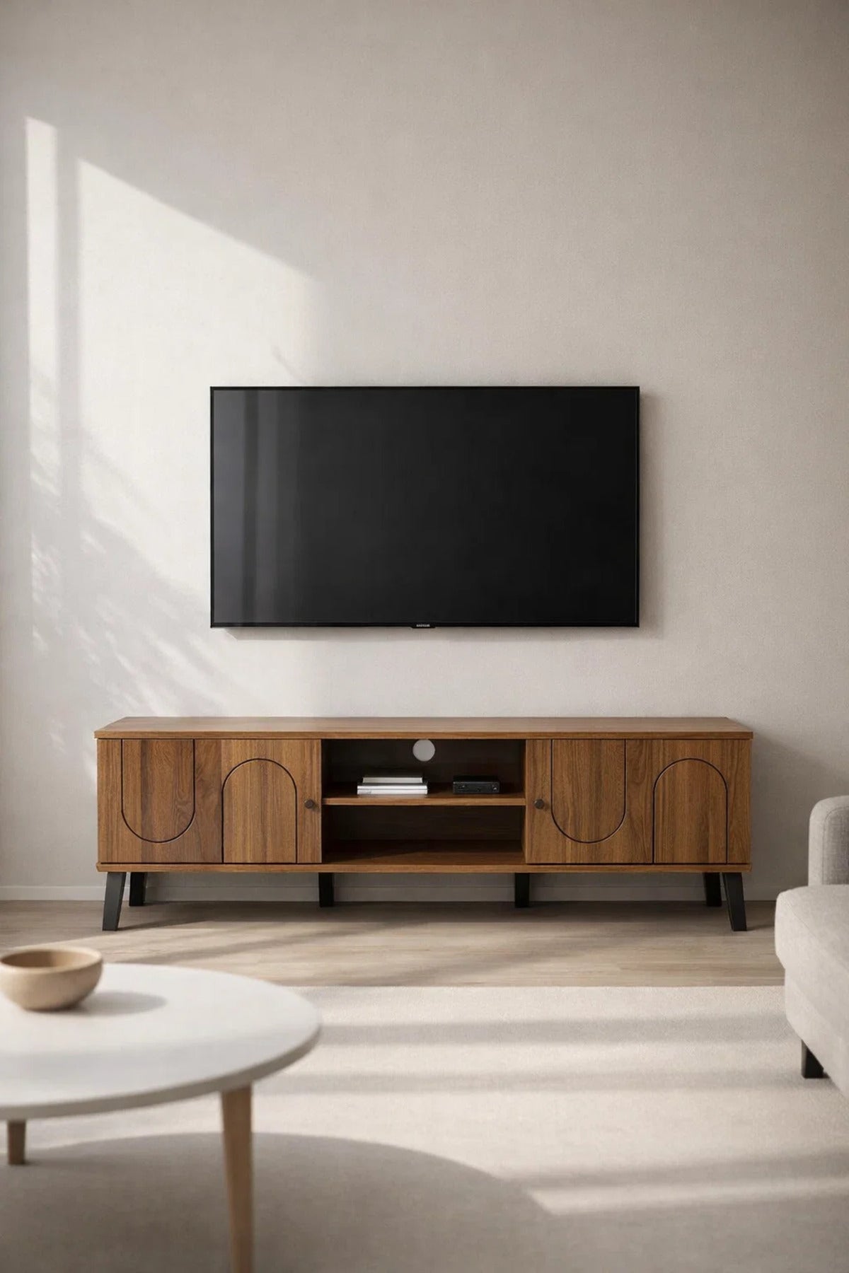 Modern Wooden TV Stand Dark Brown with Curved Line Design 160 x 40 x 44 cm