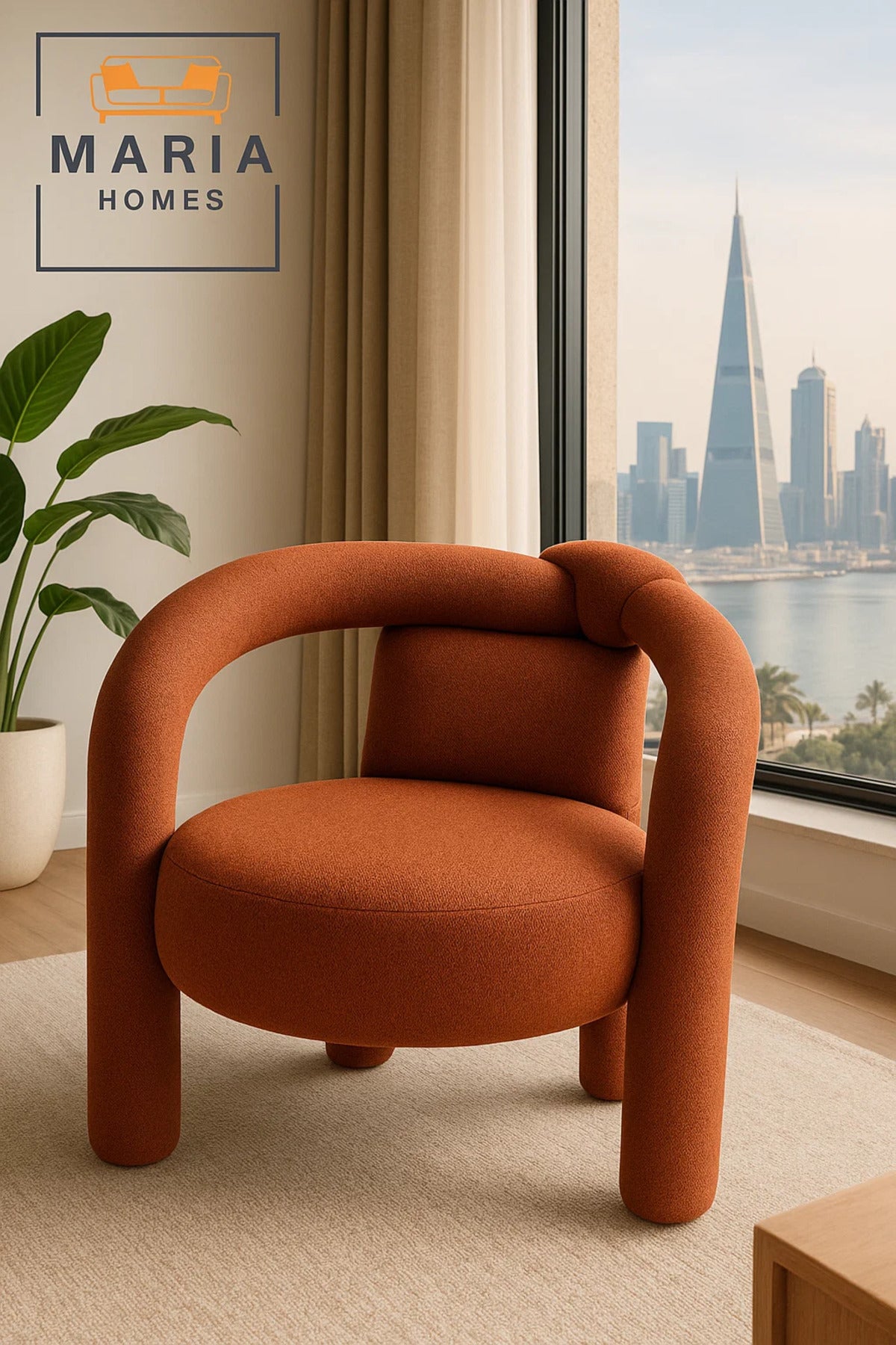 Rust Orange Round Accent Chair Ð Modern Knot Back Armchair with Bold Upholstery and Artistic Design