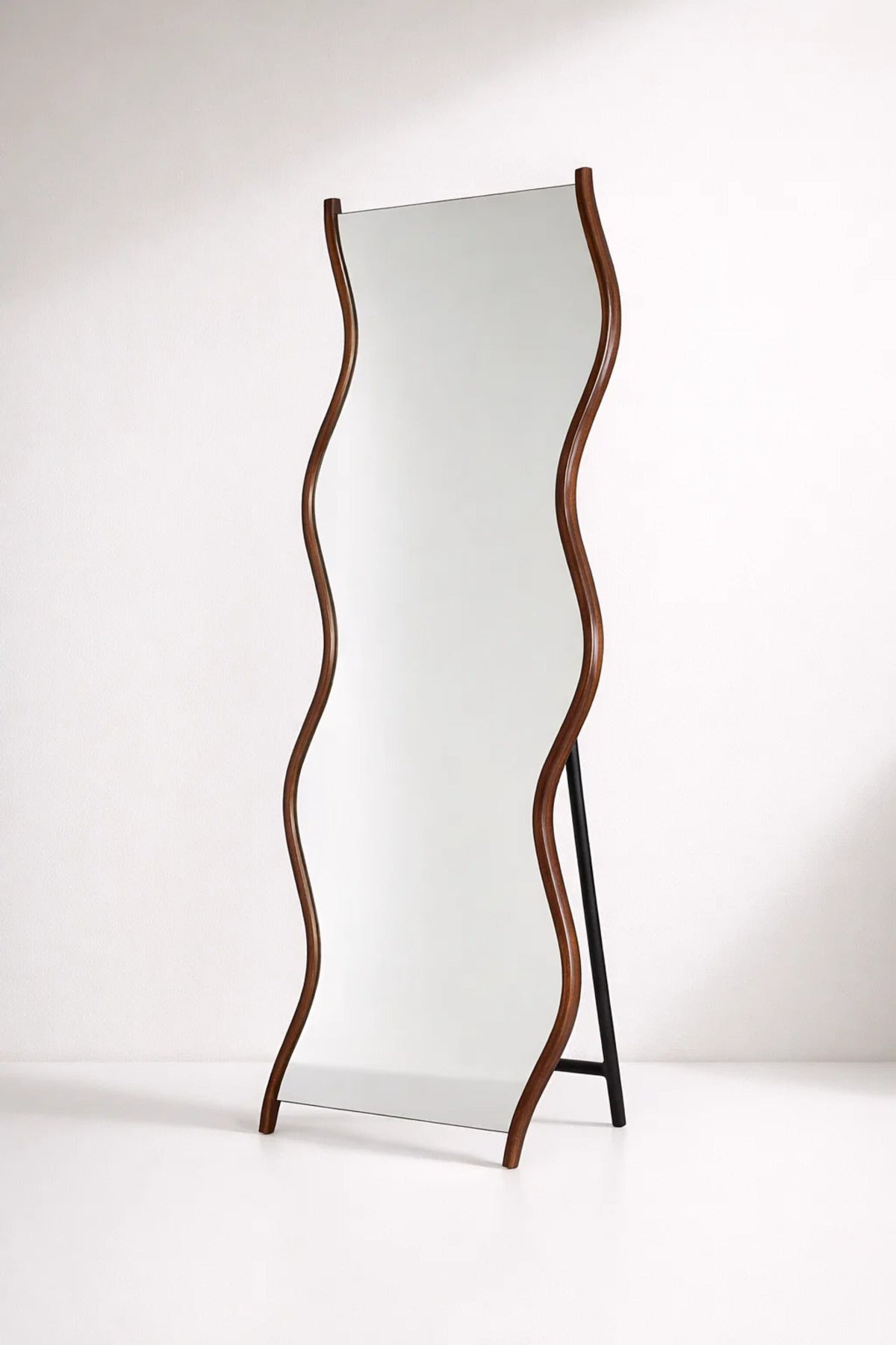 Modern Wavy Full Length Floor Mirror with Dark Wood Frame & Stand