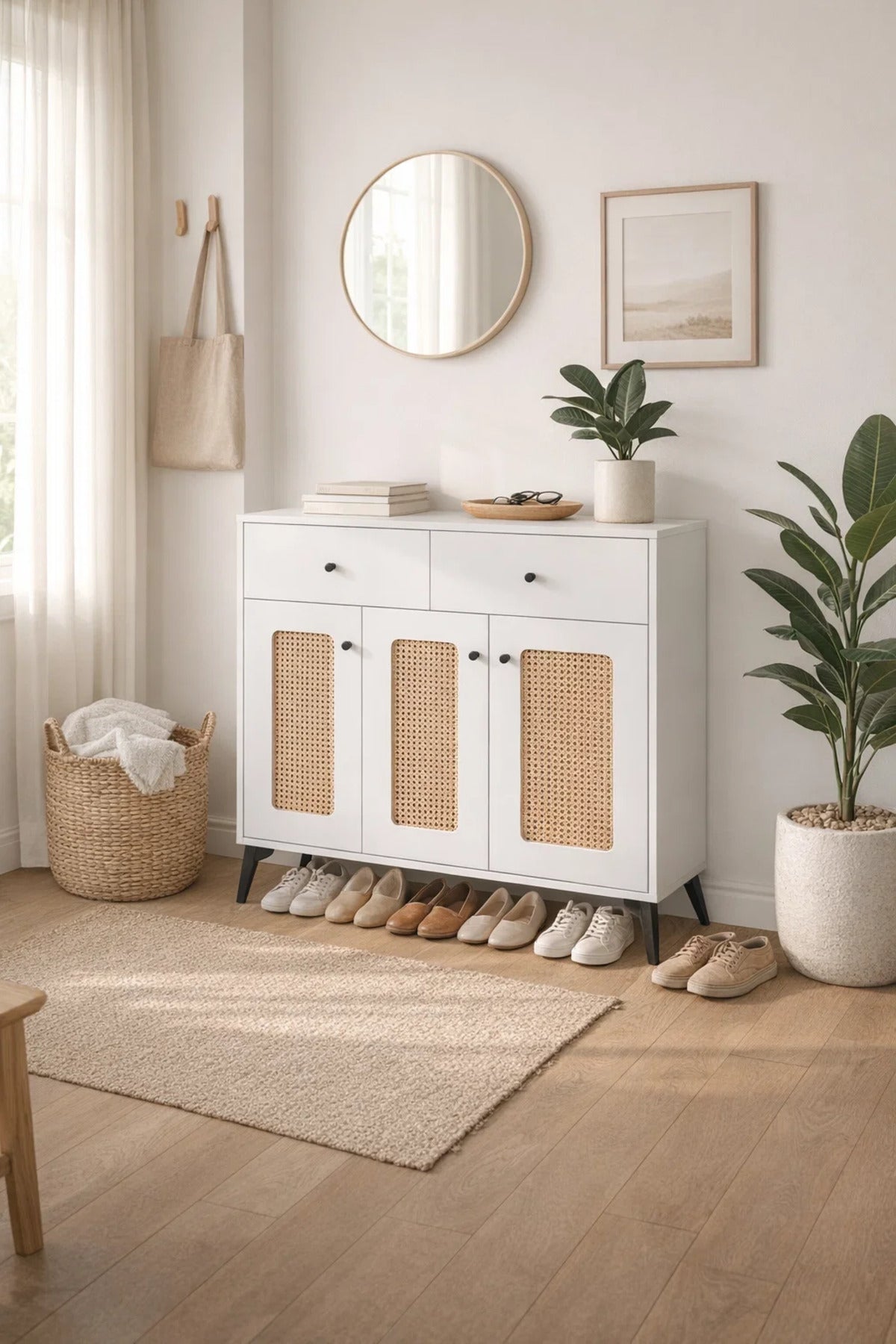 Modern White Rattan Shoe Cabinet with Drawers Stylish Entryway Storage Console Unit 100x95cm