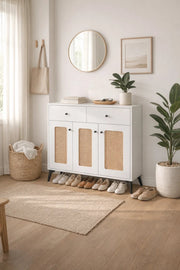 Modern White Rattan Shoe Cabinet with Drawers Stylish Entryway Storage Console Unit 100x95cm