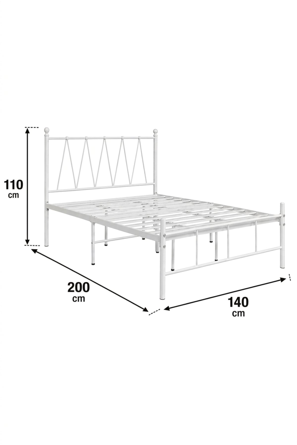 Modern White Metal Bed Frame 140_200 cm √ê Platform Bed with Geometric Headboard, Heavy Duty Mattress Foundation