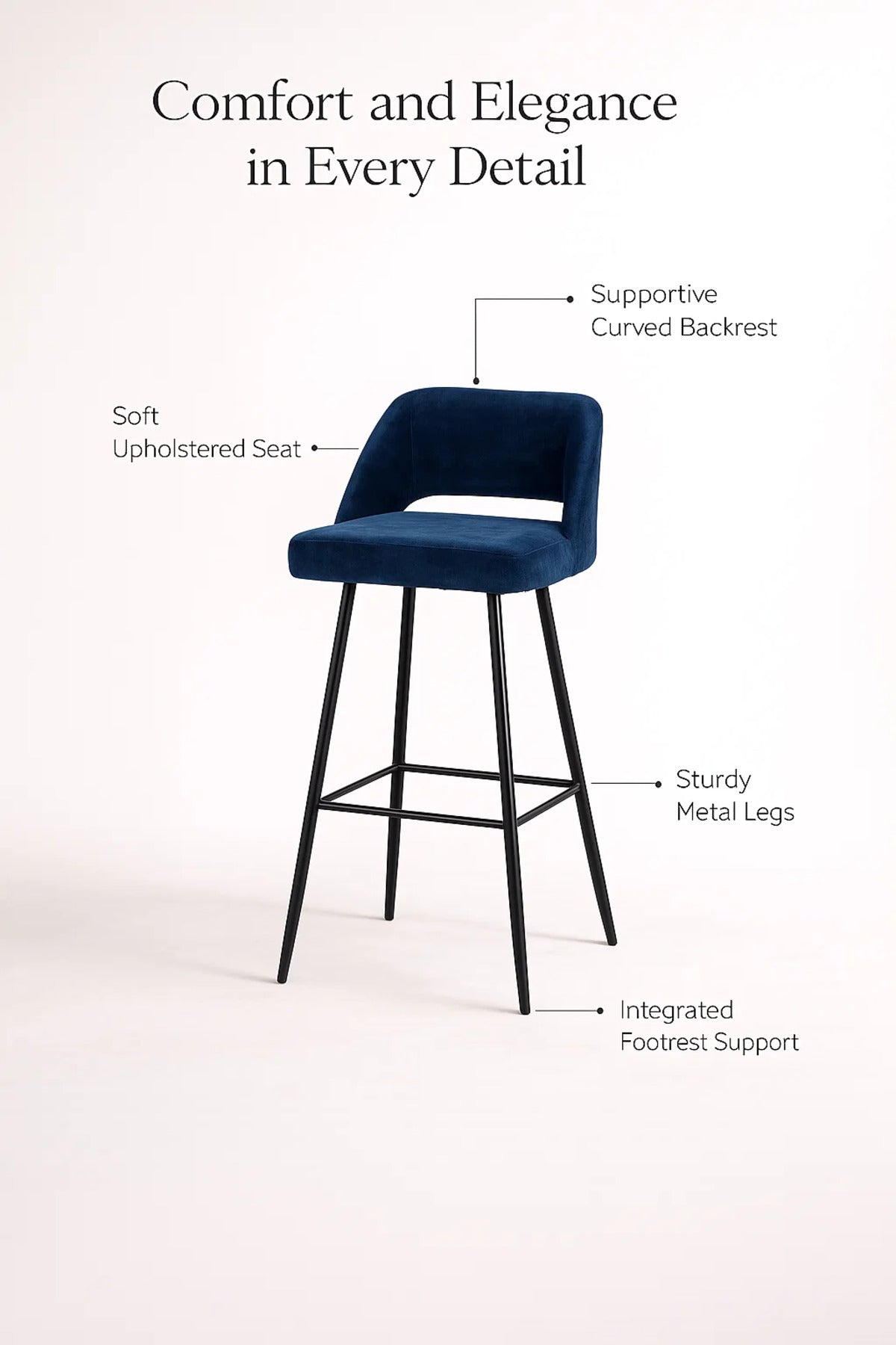 Modern Upholstered Bar Chair Blue High Stool with Metal Legs