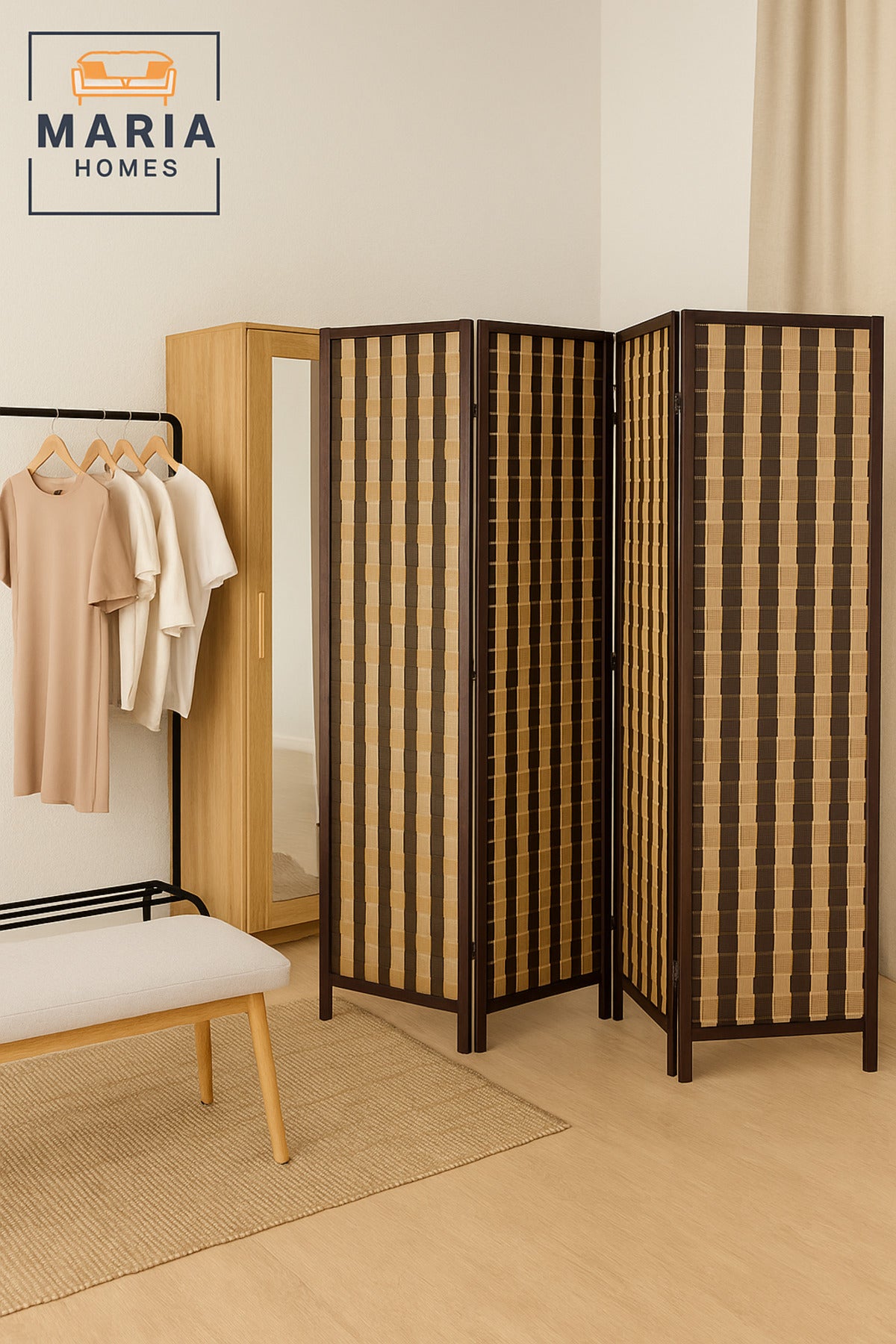 Dark Brown 4-Panel Room Divider Ð Folding Privacy Screen for Home, Office & Majlis 180_178 cm