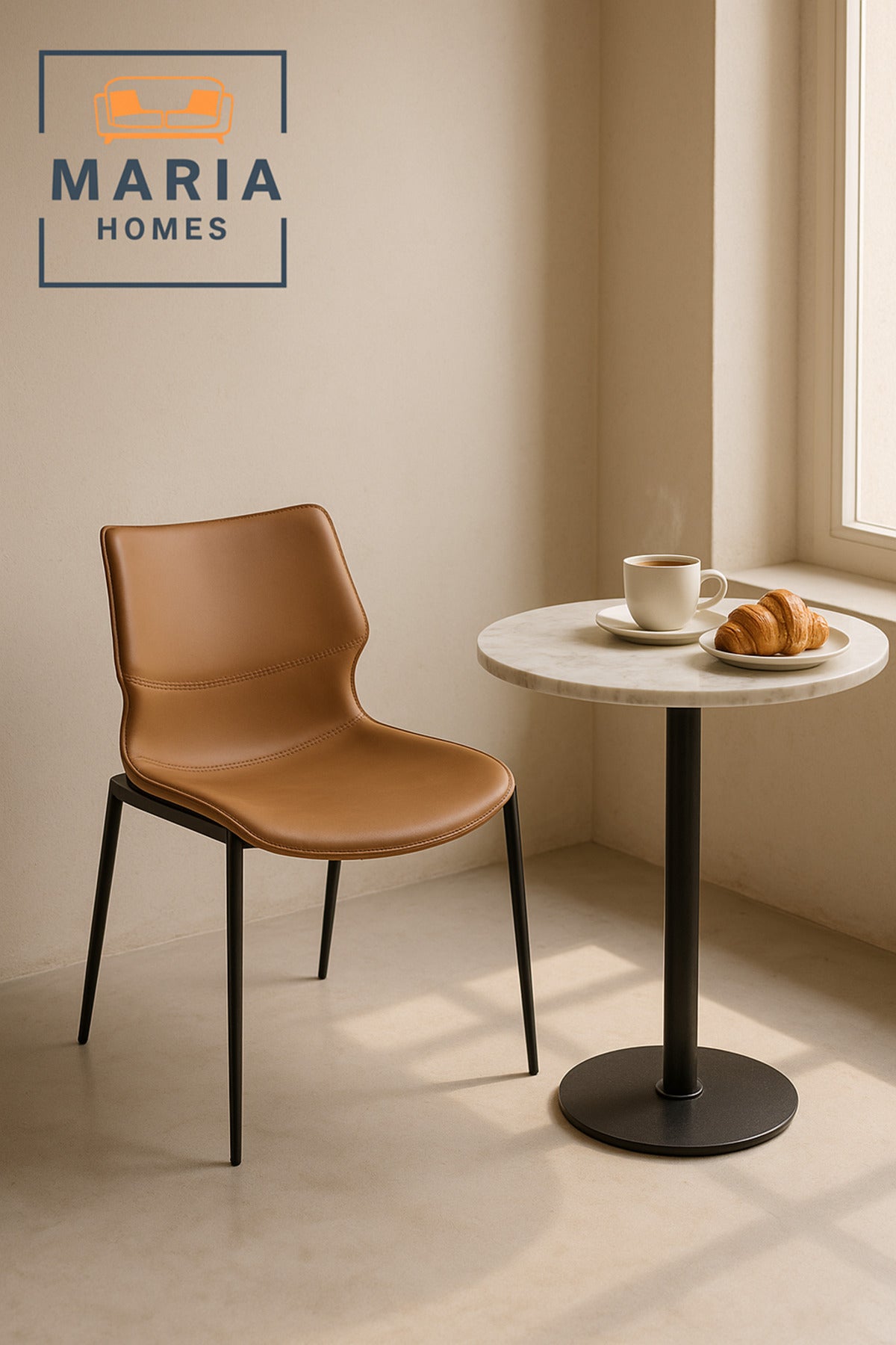 Modern Light Coffee Dining Chair with Cushioned Seat and Black Metal Legs