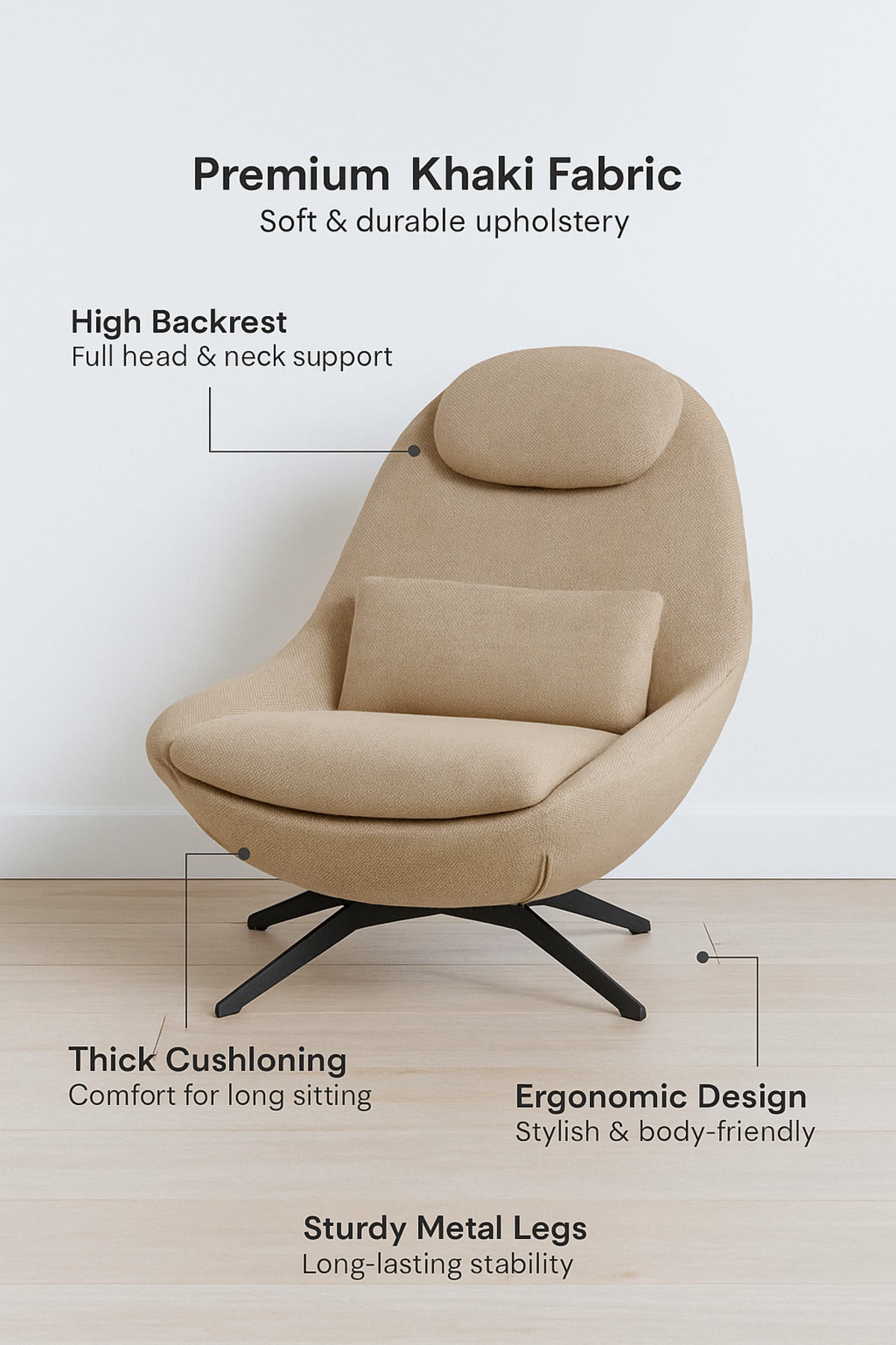 Khaki Fabric Lounge Chair with Cushion & Headrest Ð Modern Living Room Accent Chair