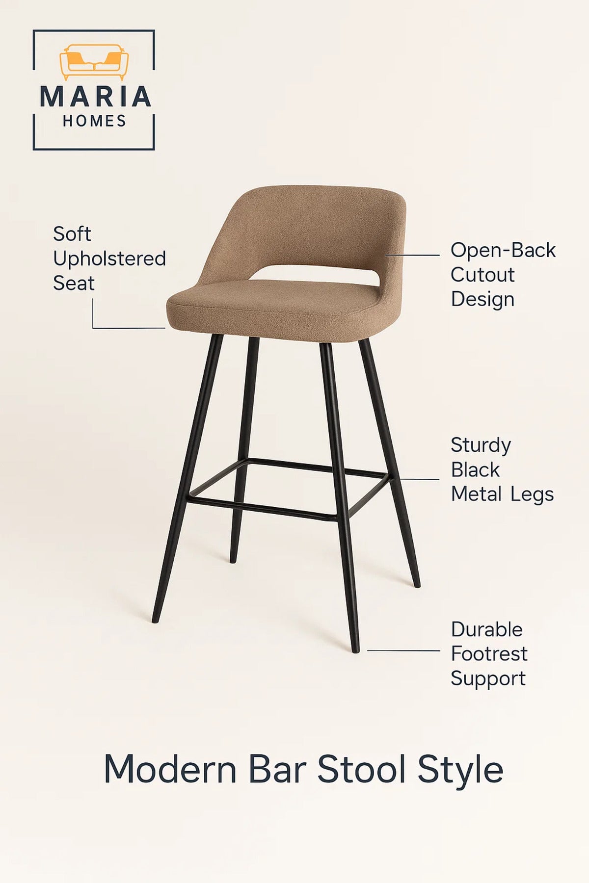 Modern Beige Bar Stool Ð Upholstered High Chair with Black Metal Legs