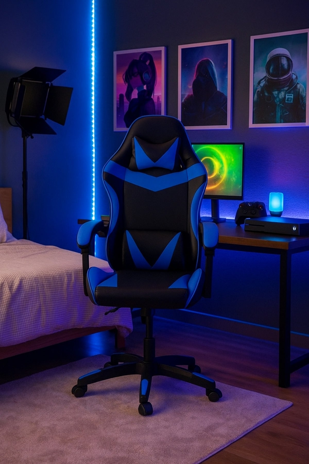 Blue and Black Gaming Chair Ergonomic Chair with Adjustable Height Swivel Base & Lumbar Support