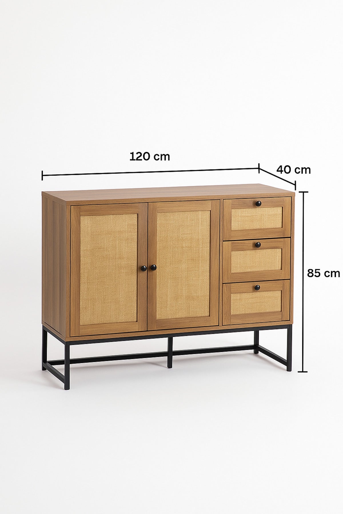 Walnut Rattan Console Table 120_40_85 cm Ð Modern Wooden Storage Cabinet with 2 Doors and 3 Drawers