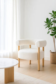 Modern White Fabric Armchair, Elegant Accent Chair with Wooden Legs for Living Room & Office