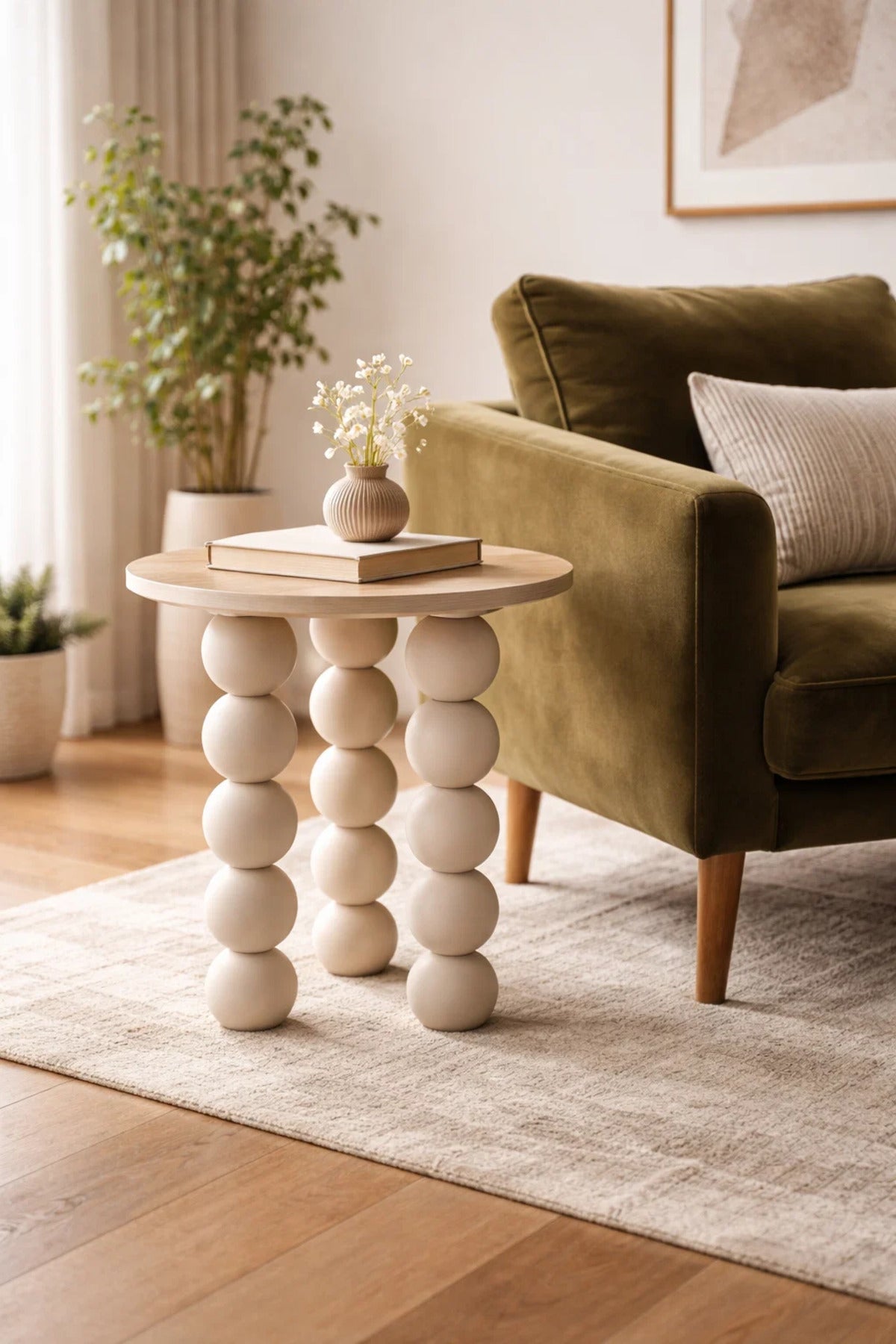 Stylish Beige Round Side Table with Unique Sphere Legs Wood Top for Modern Living Room Home