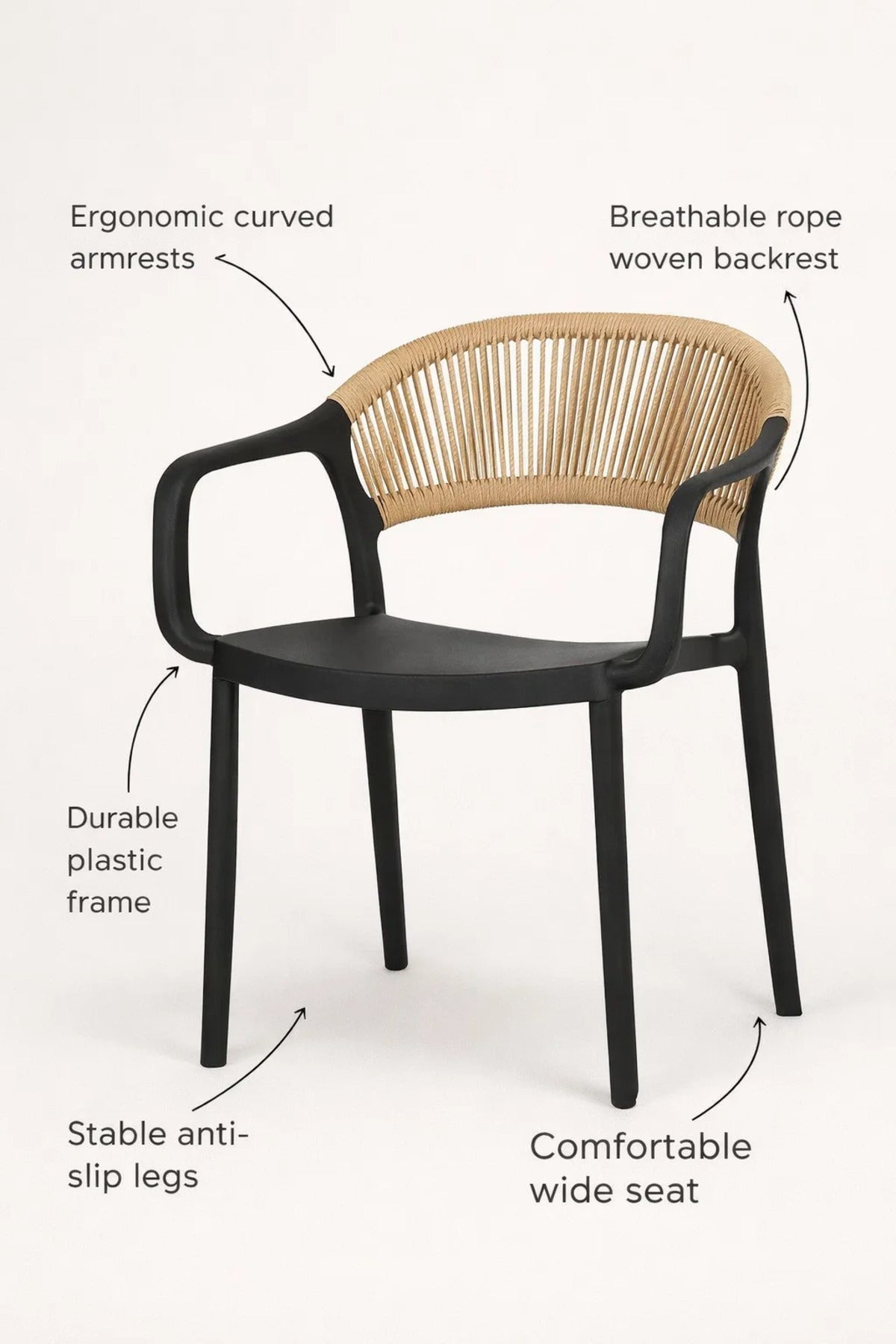 Modern Black Dining Chair with Brown Rattan Back and Armrests for Indoor Outdoor Use