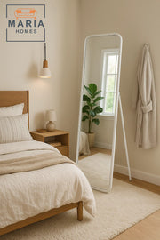 White Standing Full-Length Mirror with Rounded Frame Minimalist Design for Bedroom or Dressing Room