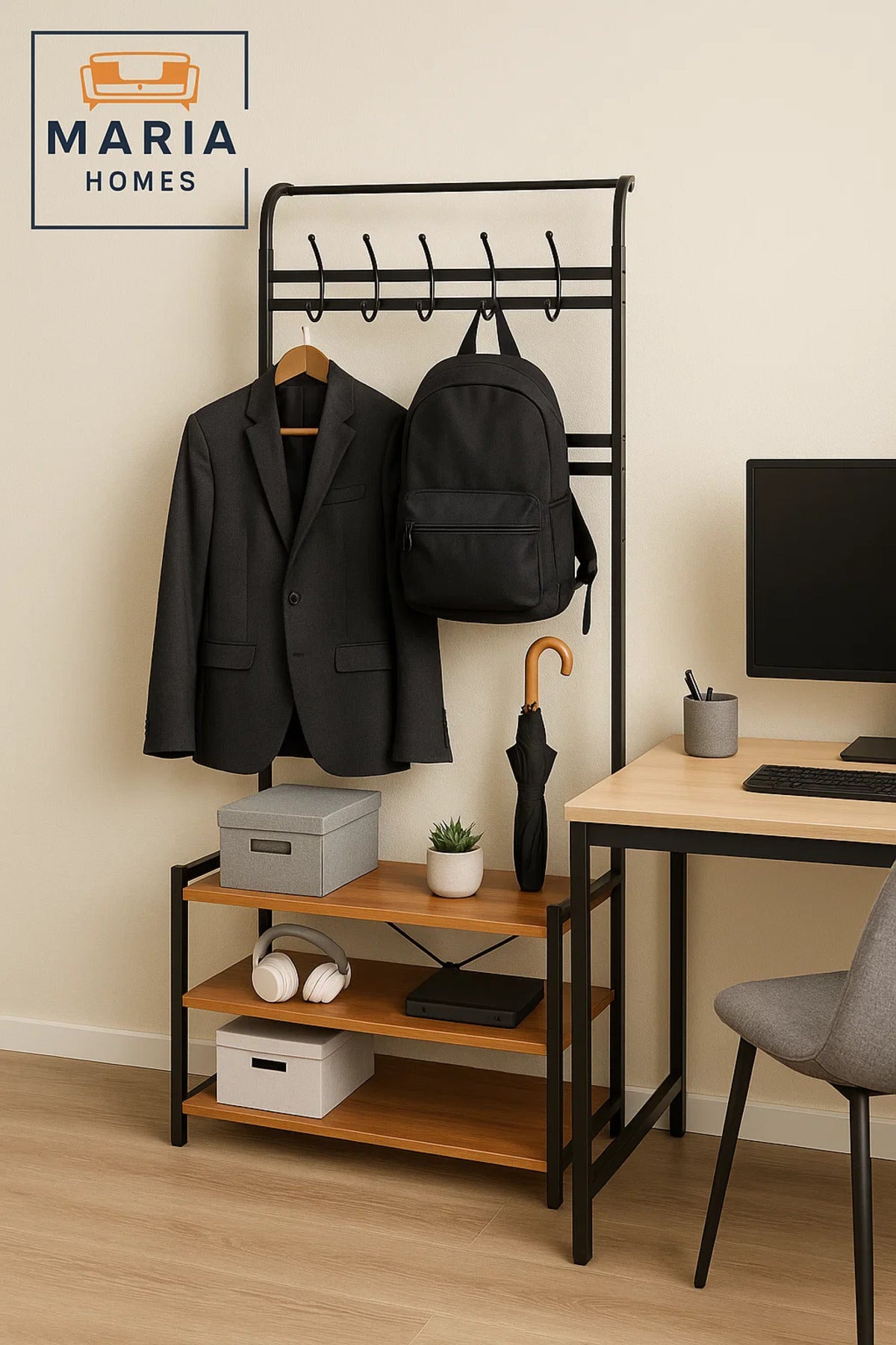 Multi-Tier Metal Coat Rack with Hooks and Wooden Shoe Shelves
