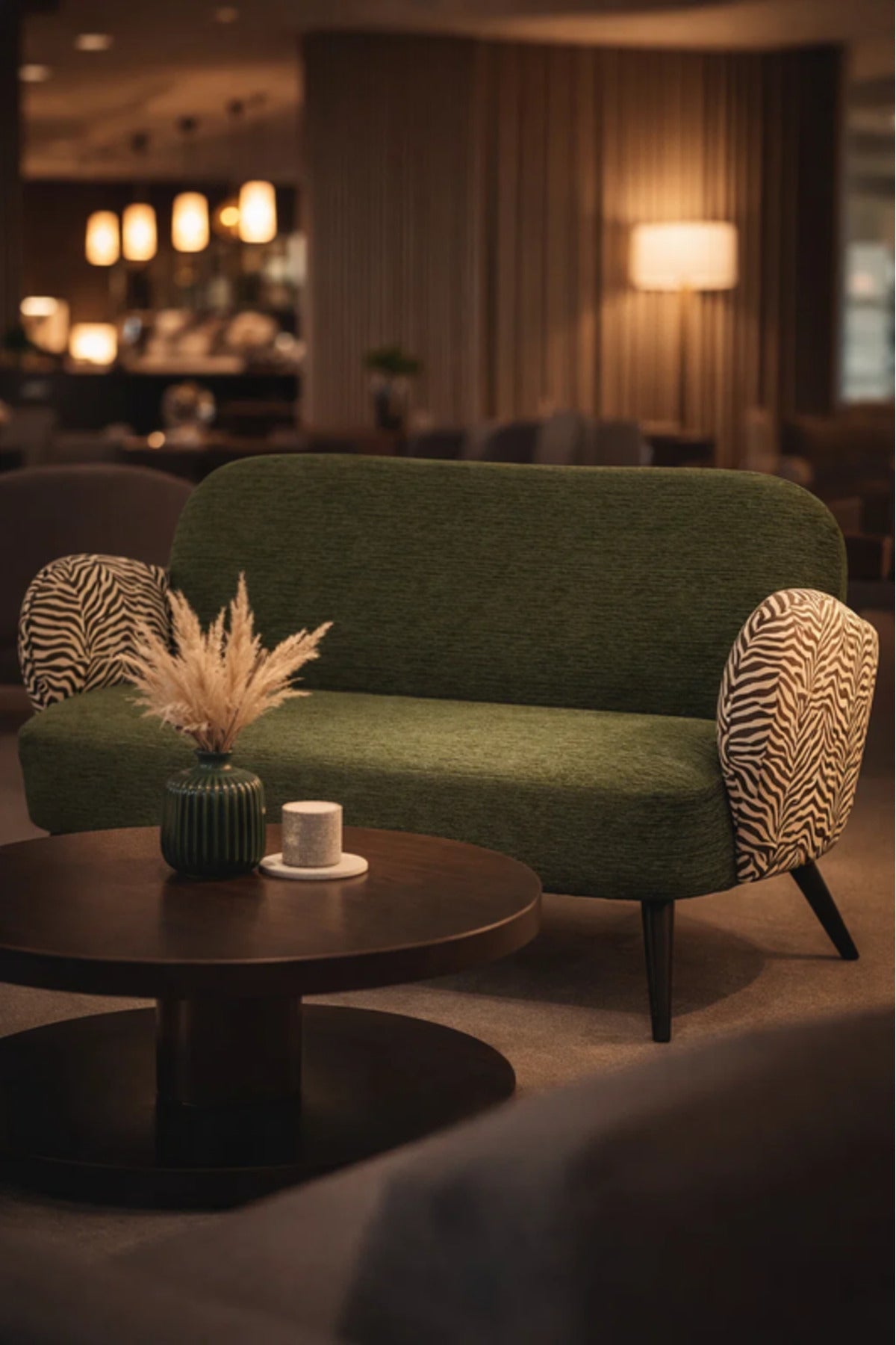 Modern Green Two Seat Sofa with Patterned Armrests Upholstered Living Room Couch modern