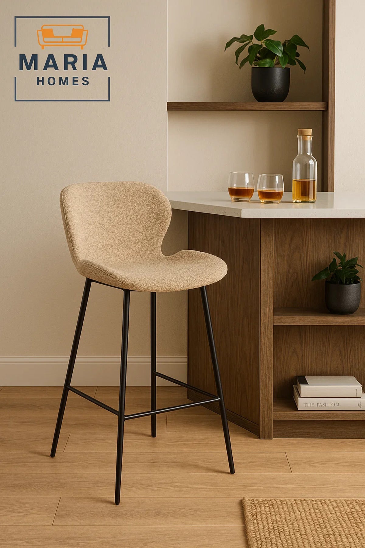 Beige Curved-Back Bar Stool with Black Metal Legs