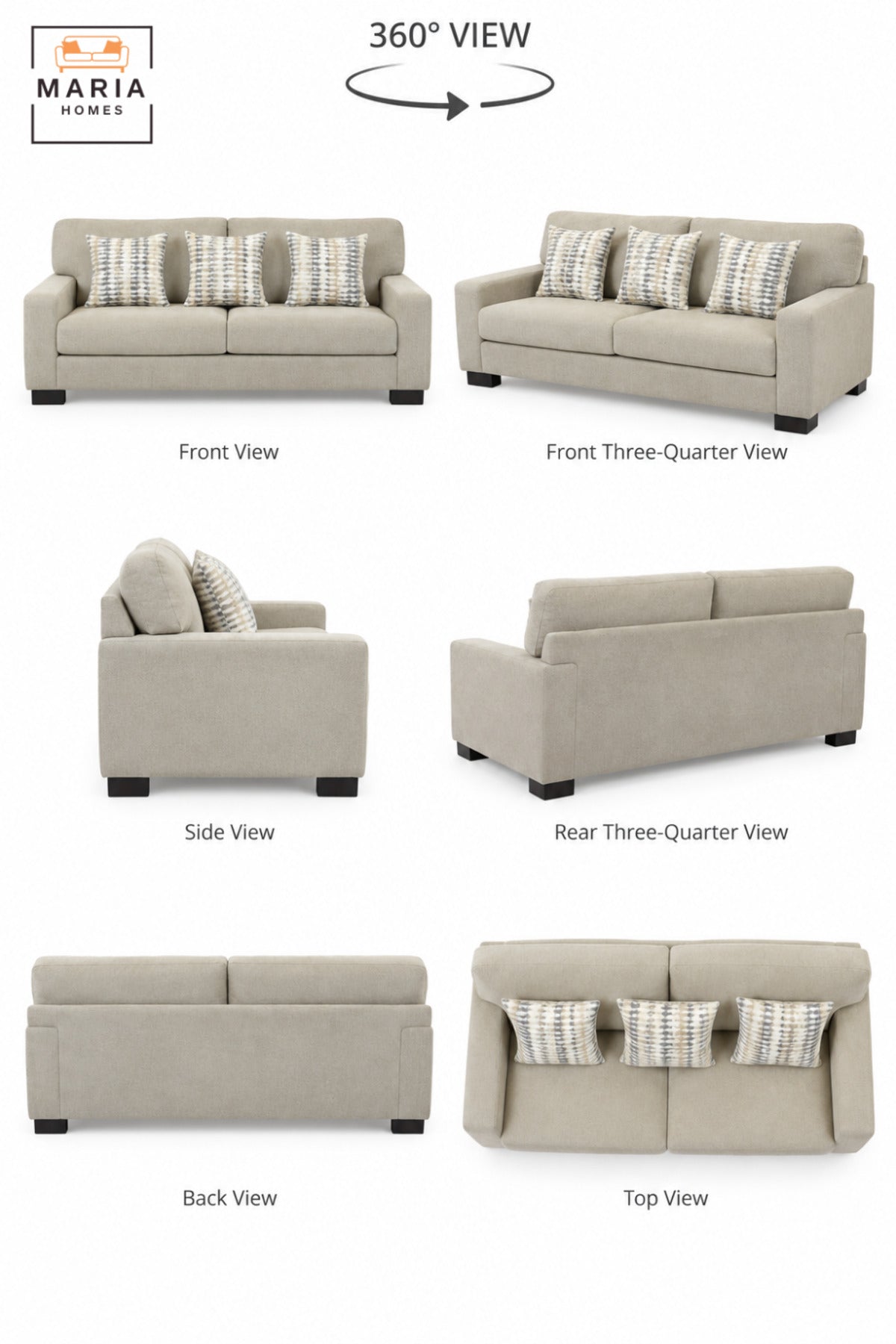 Modern 3 Seater Upholstered Sofa with Deep Cushioned Seats, Supportive Backrest, Wide Armrests & Decorative Pillows for Living Room and Lounge