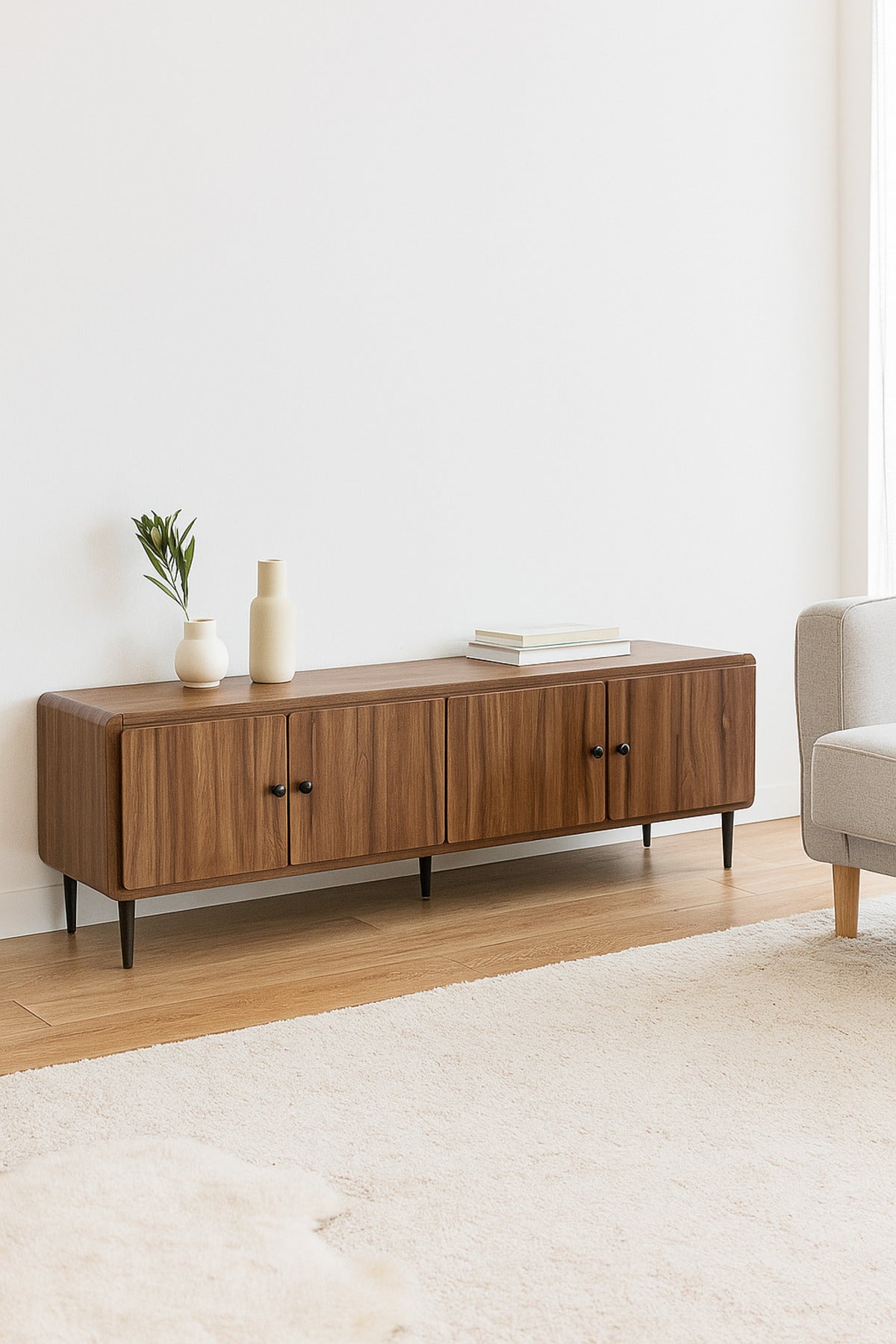 Walnut Wooden TV Stand 180_40_54 cm Ð Modern 4-Door TV Unit with Black Metal Legs for Living Room