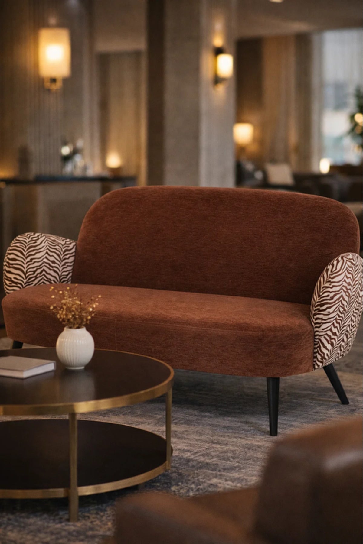 Modern Brown Two Seat Sofa with Patterned Armrests Upholstered Living Room Couch modern