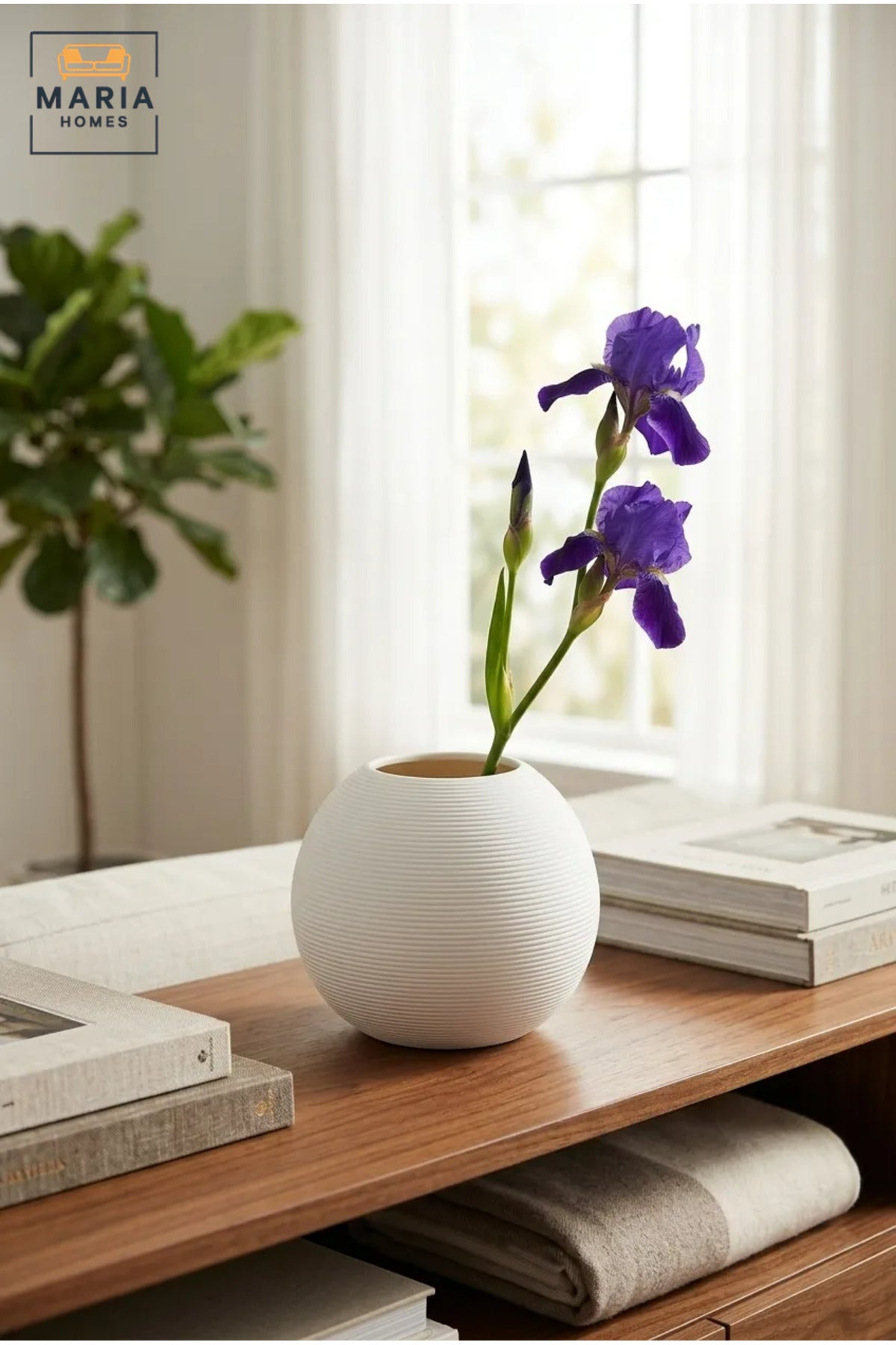 Modern Decorative Flower Vase with Round Shape, Wide Opening and Fine Ribbed Texture for Living Room, Bedroom, Office, Shelf and Console Table Décor