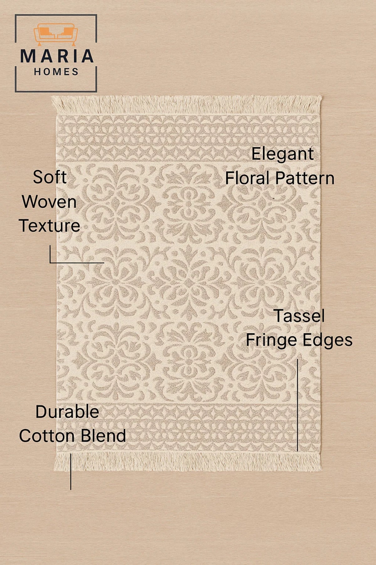 Beige Cotton Runner Rug with Floral Medallion Pattern and Fringe Ðsize 90*150 cm