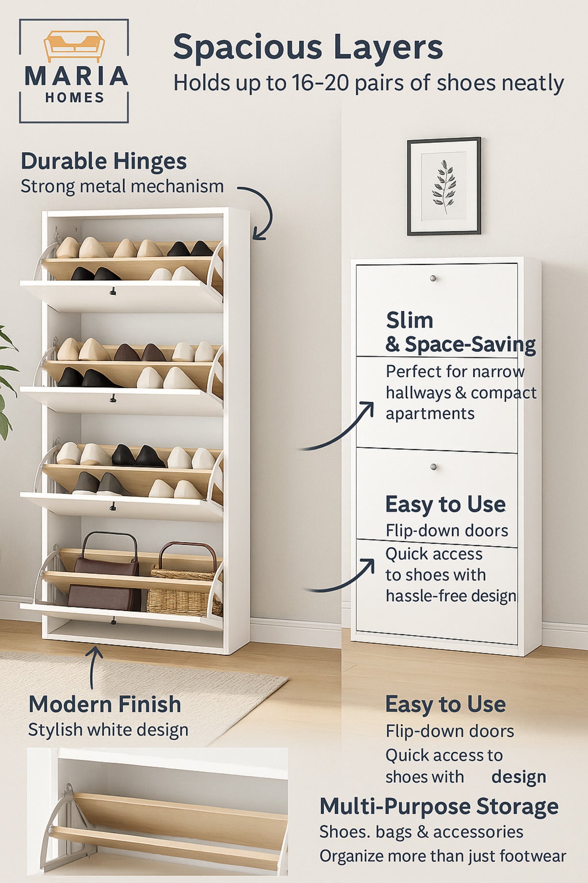 White Wooden Shoe Cabinet Ð 4 Flip Drawers Space Saving Shoe Rack Organizer 62_25_158 cm