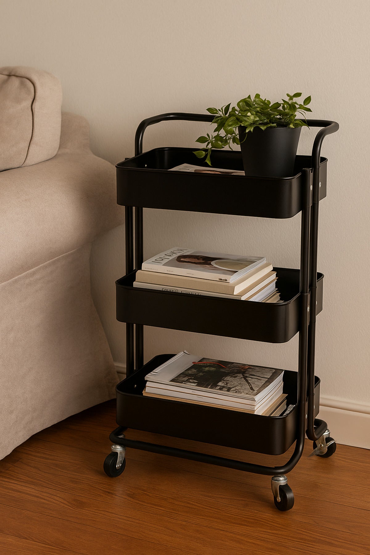 3-Layer Black Metal Storage Trolley with Wheels Ð Modern Rolling Organizer Cart