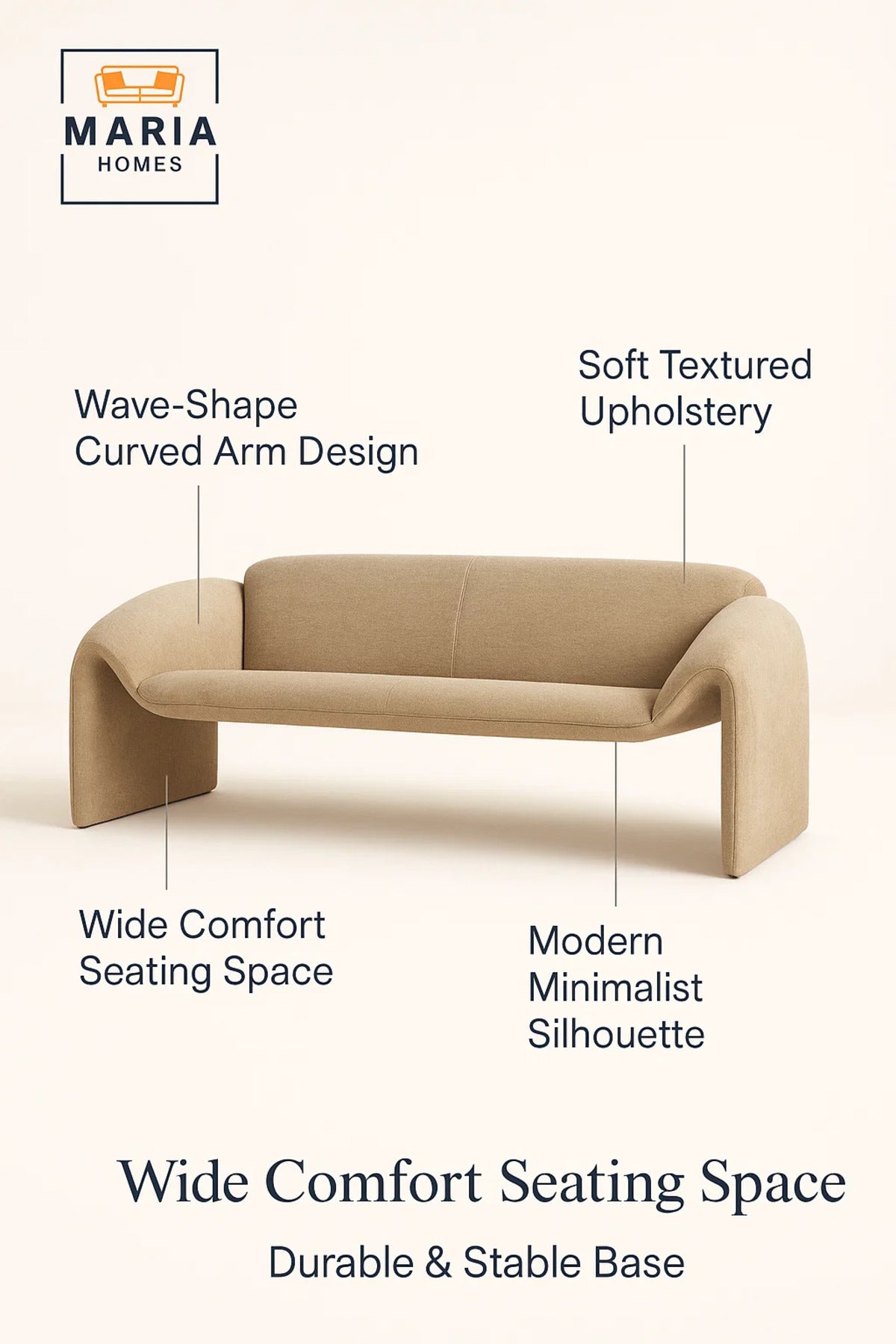 Modern Beige Sofa √ê Curved Fabric 3-Seater for Living Room & Lounge Spaces