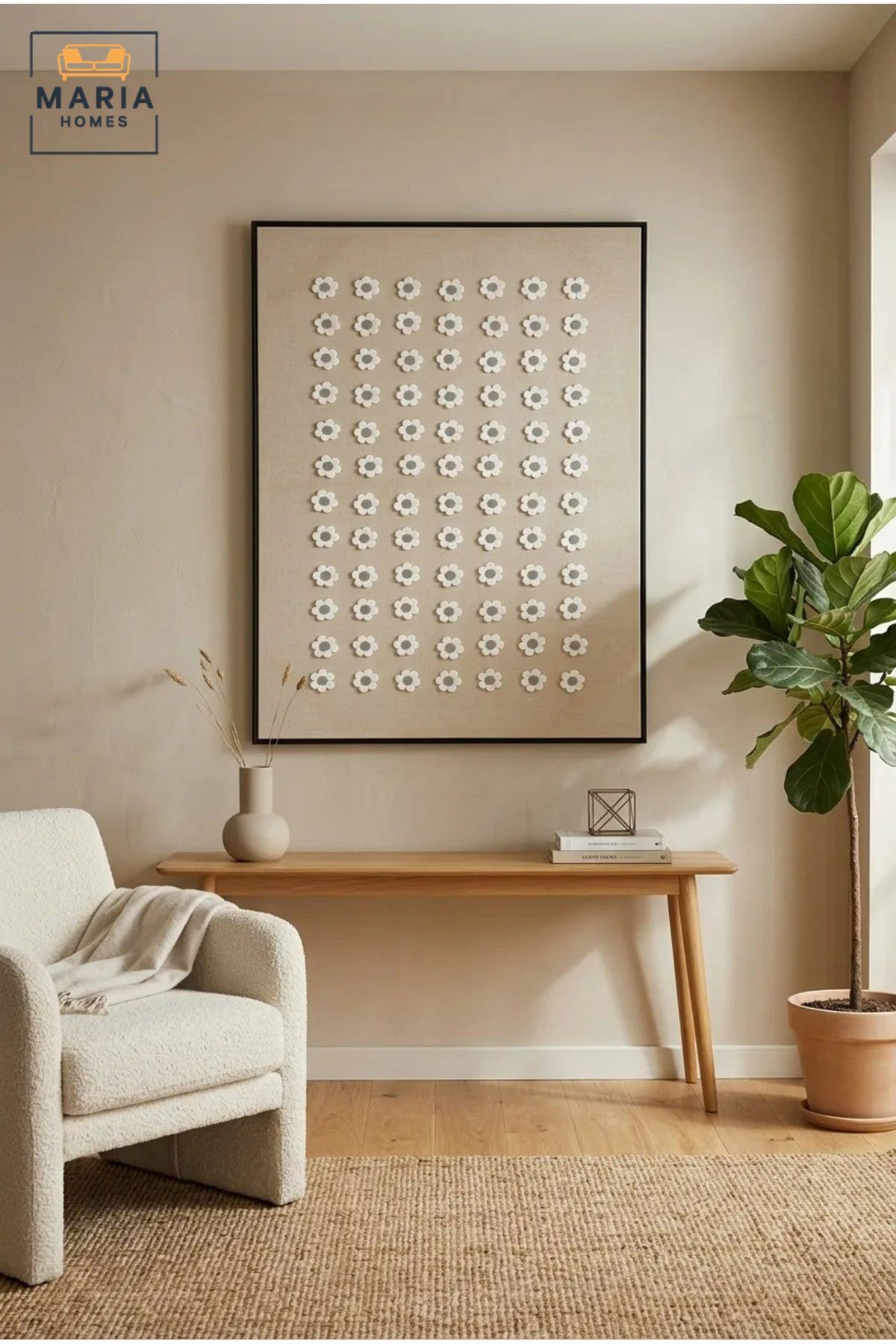 Modern Floral Textured Wall Art with Slim Black Frame, White Flower Pattern on Neutral Beige Canvas for Living Room, Bedroom, Hallway and Office Décor