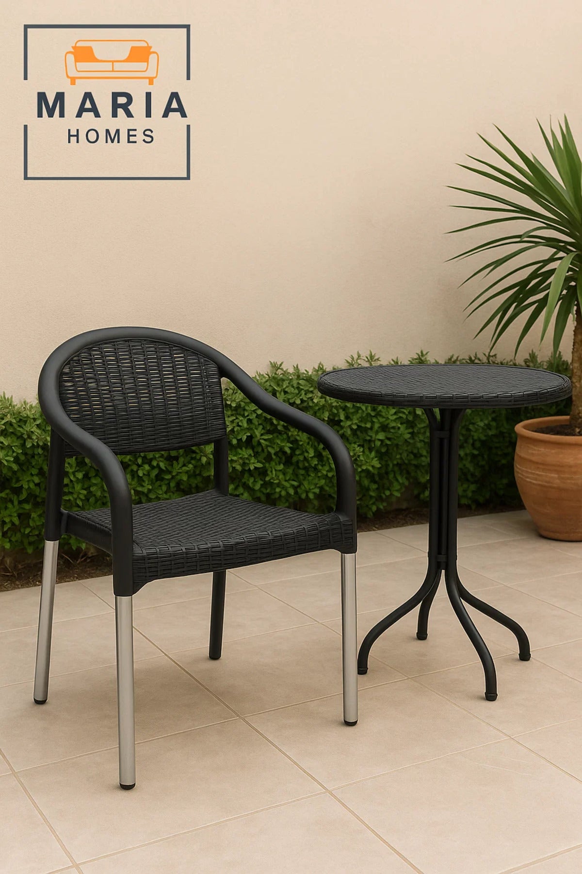 Black Rattan-Style Plastic Chair with Silver Legs Ð Indoor Outdoor Durable Seating
