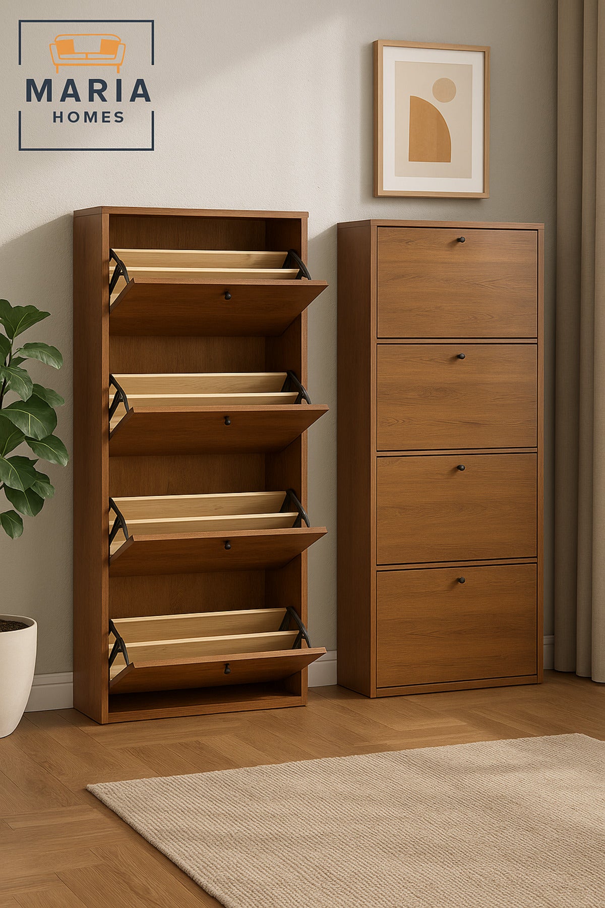 Modern Wooden Shoe Cabinet Ð 4 Flip Drawers Space Saving Shoe Rack Organizer 62_25_158 cm Brown