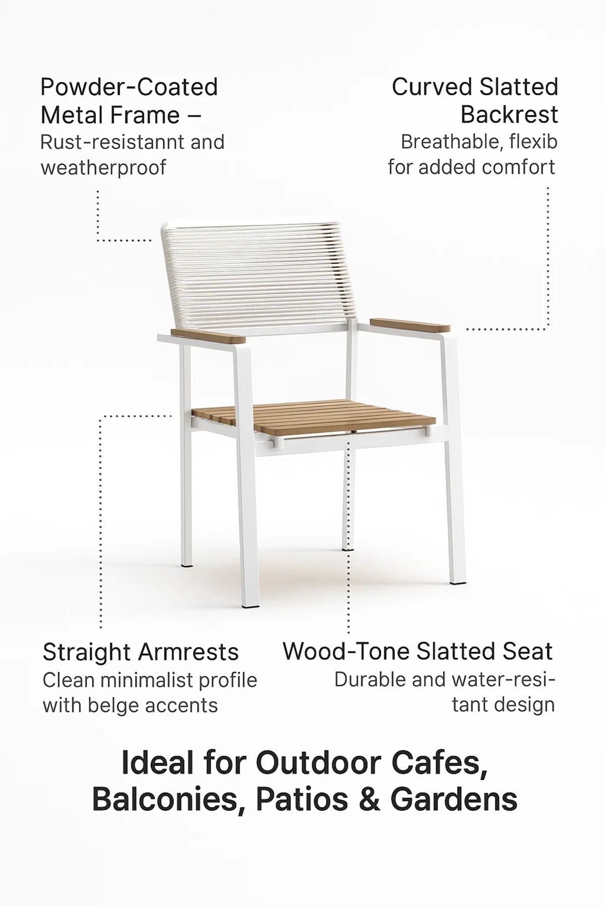 Modern Outdoor Garden Chair with Armrest White Metal Frame Patio Dining Balcony
