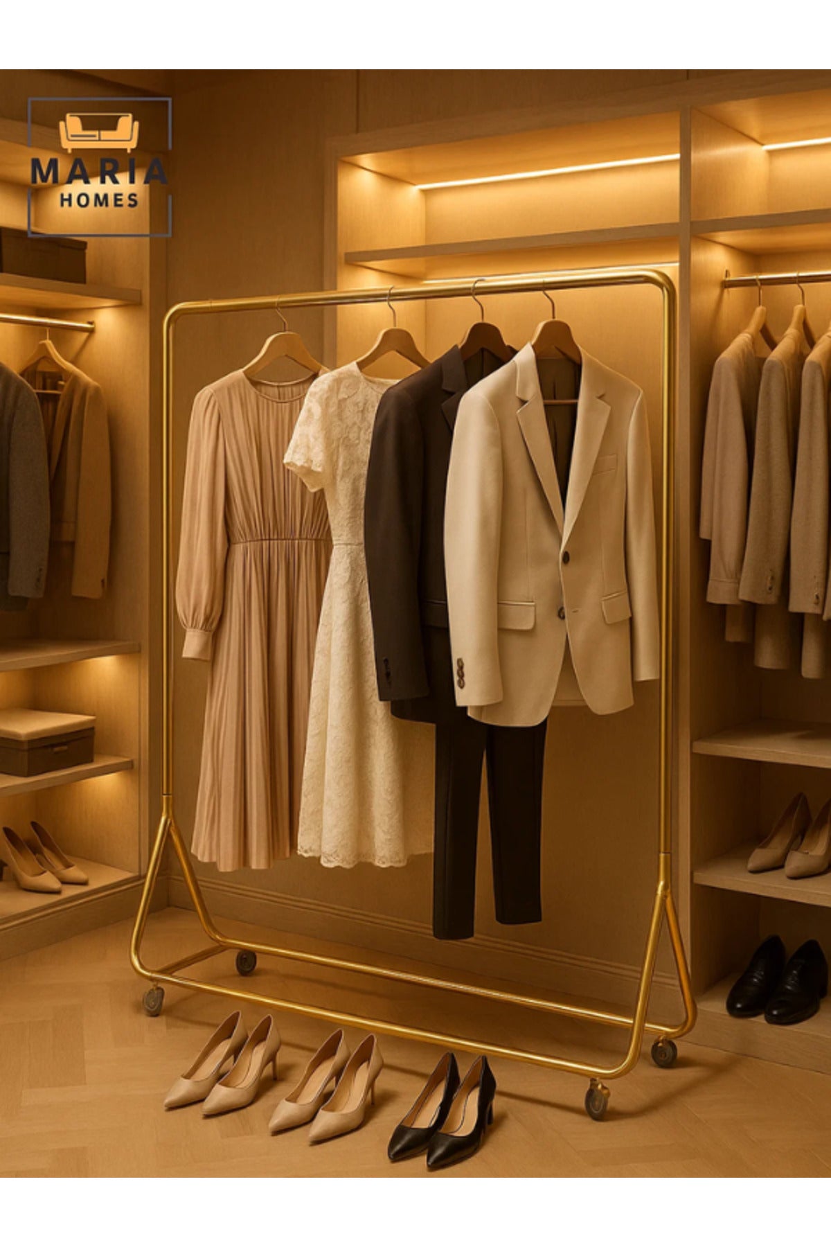 Gold Clothing Rack 170_120 cm Ð Heavy Duty Garment Stand with Wheels for Clothes & Dresses
