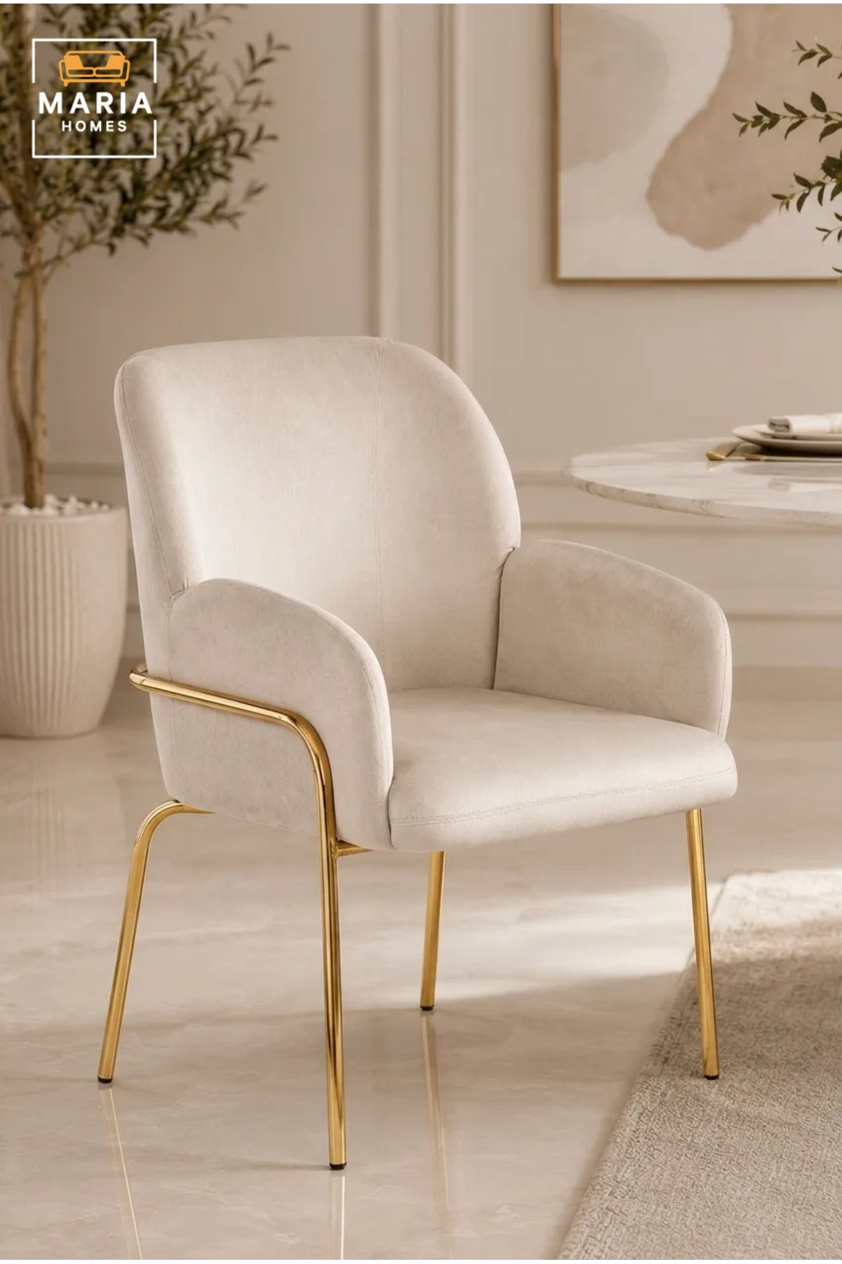 Beige Velvet Accent Chair with Gold Metal Legs Ð Modern Upholstered Armchair for Dining Room, Living Room, Bedroom & Lounge