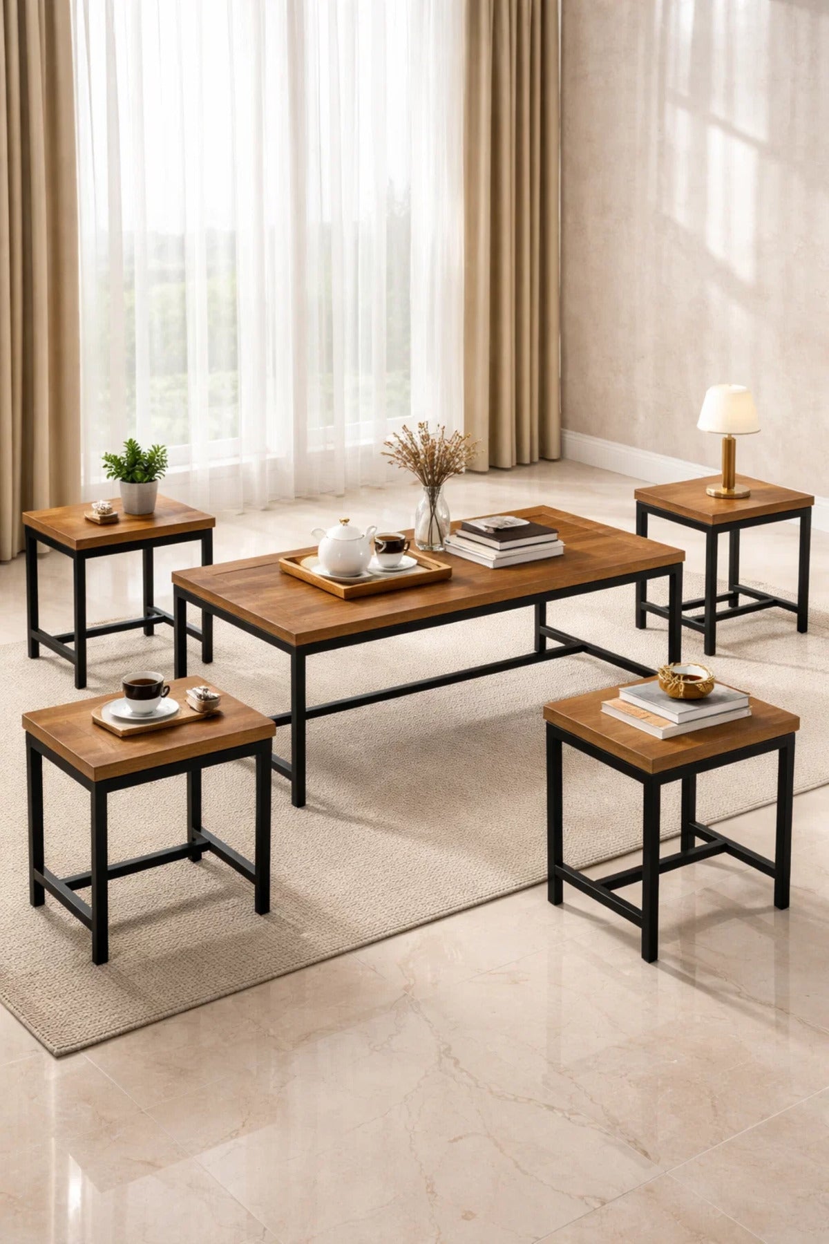 Industrial Design 5-Piece Coffee Table Set Brown Wood Top Black Metal Legs Living Room Furniture