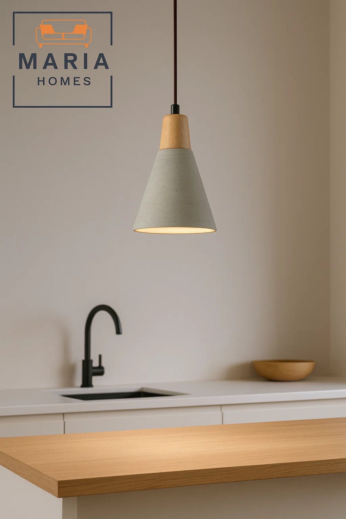 Tall Cone Pendant Light with White Texture and Wood Top