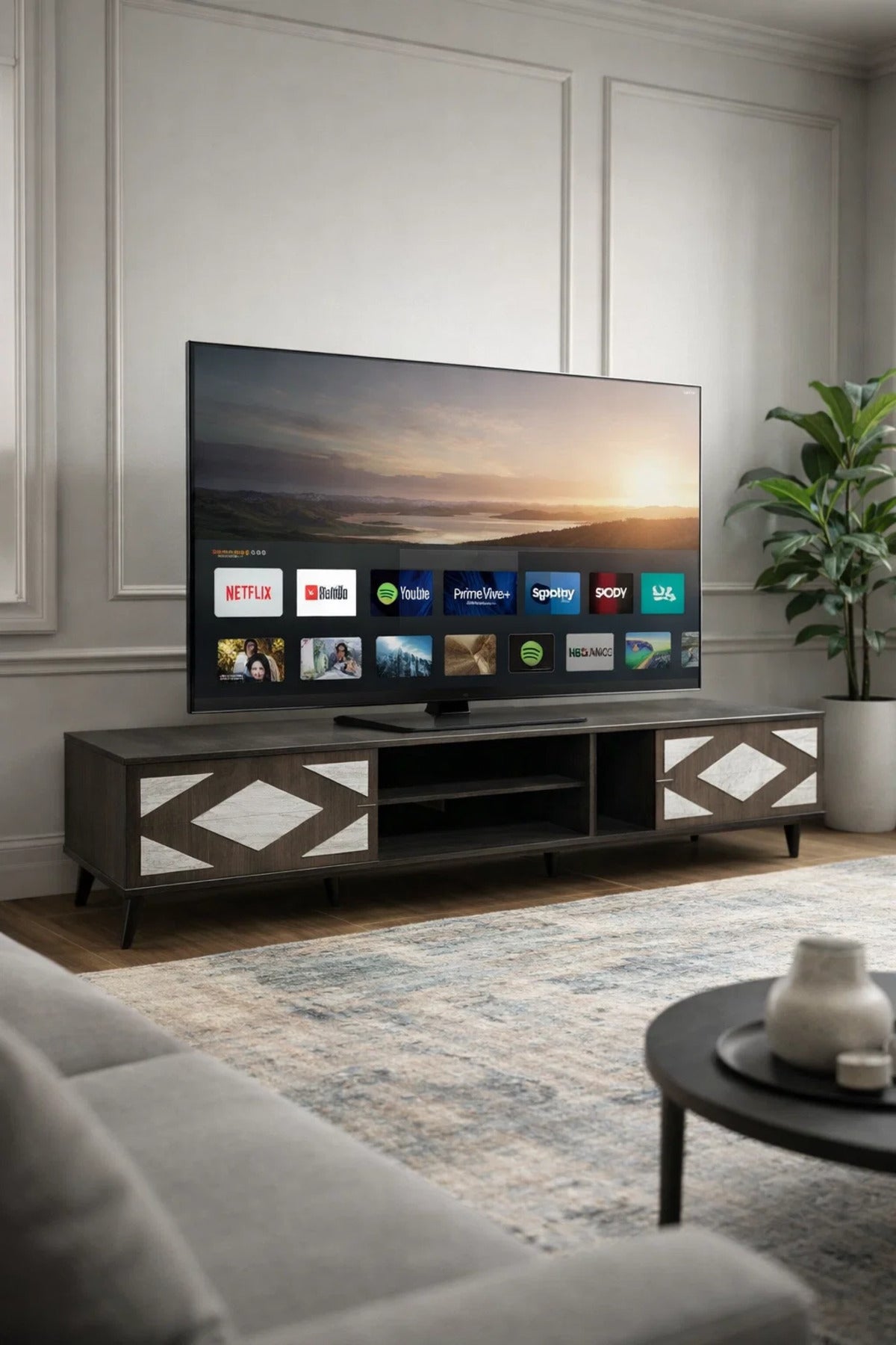Stylish Geometric TV Unit Lowboard Media Console with Storage Shelves for Modern Living Room