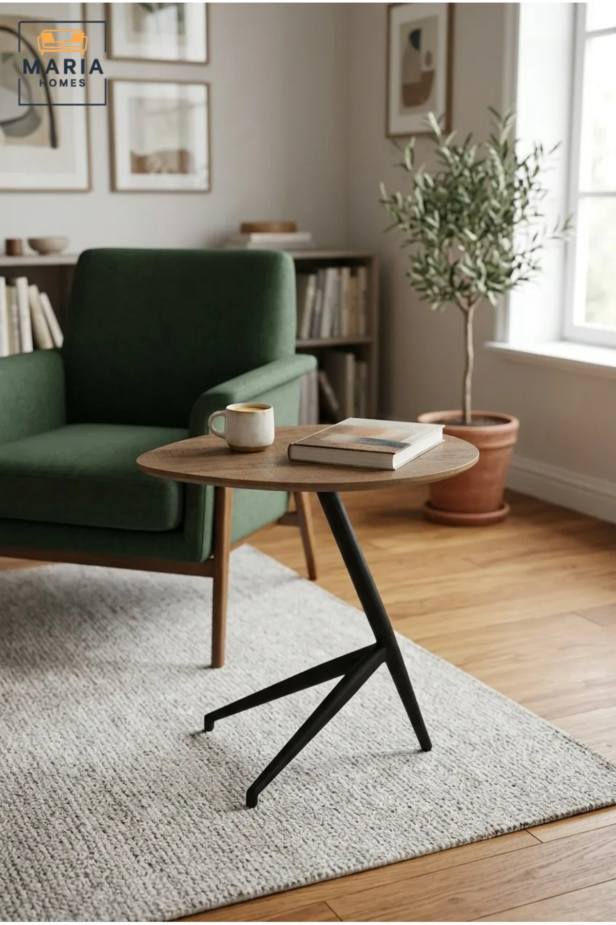 Modern Accent Side Table with Wood-Grain Top & Geometric Base, Contemporary End Table for Living Room, Bedroom & Lounge