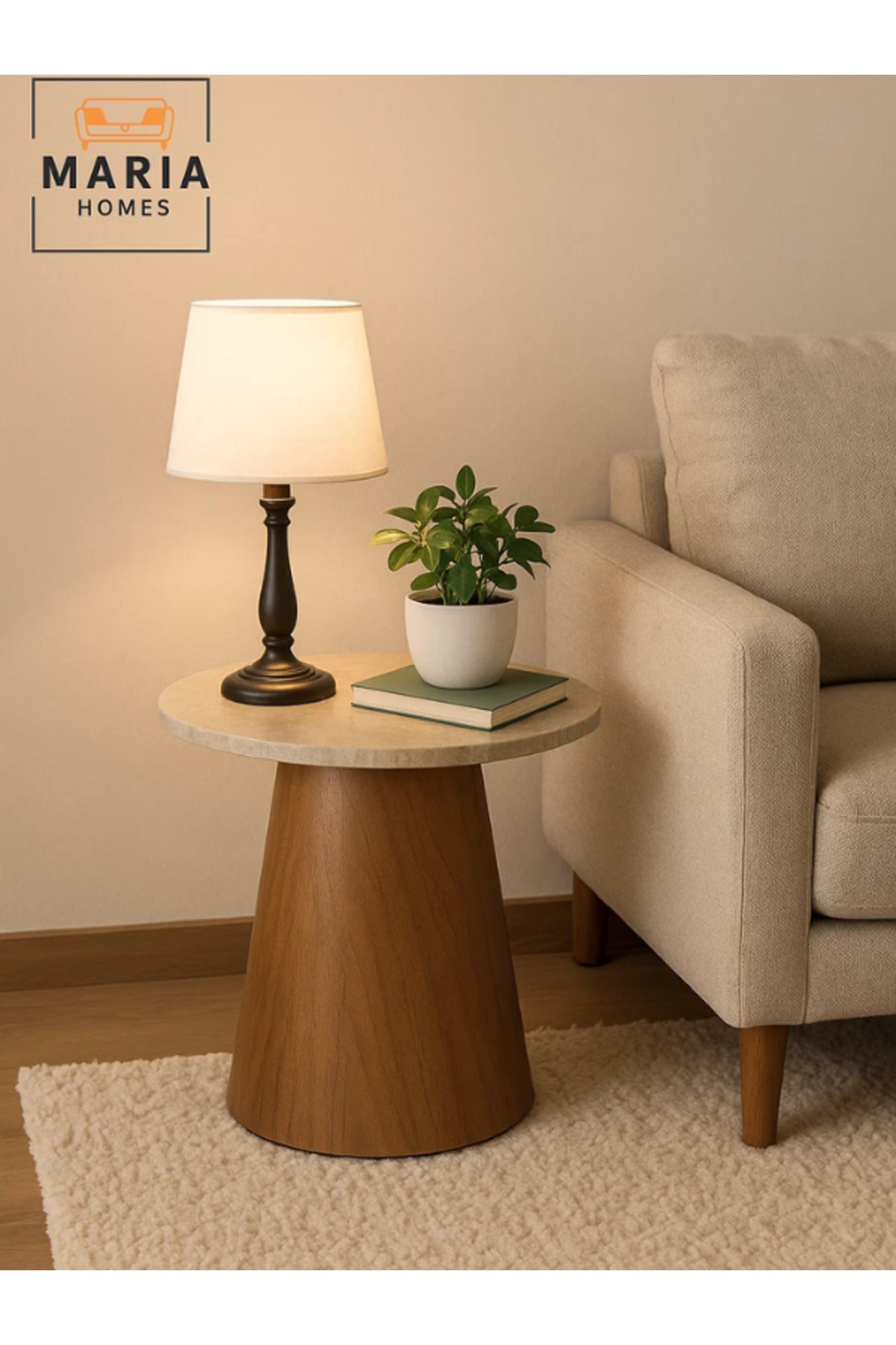 Modern Round Side Table 45_55 cm Ð Brown Wooden Base with Faux Marble Top