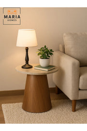 Modern Round Side Table 45_55 cm Ð Brown Wooden Base with Faux Marble Top