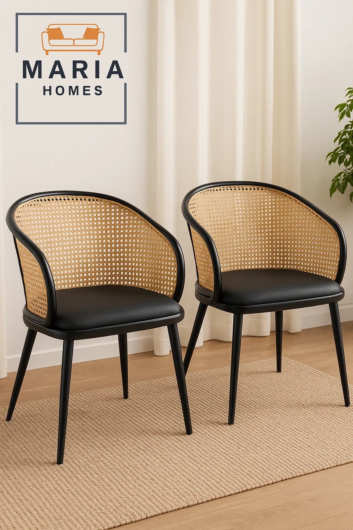 Modern Rattan Backrest Barrel Chair with Black Cushion Seat Ð Stylish Cane Accent Chair for Dining