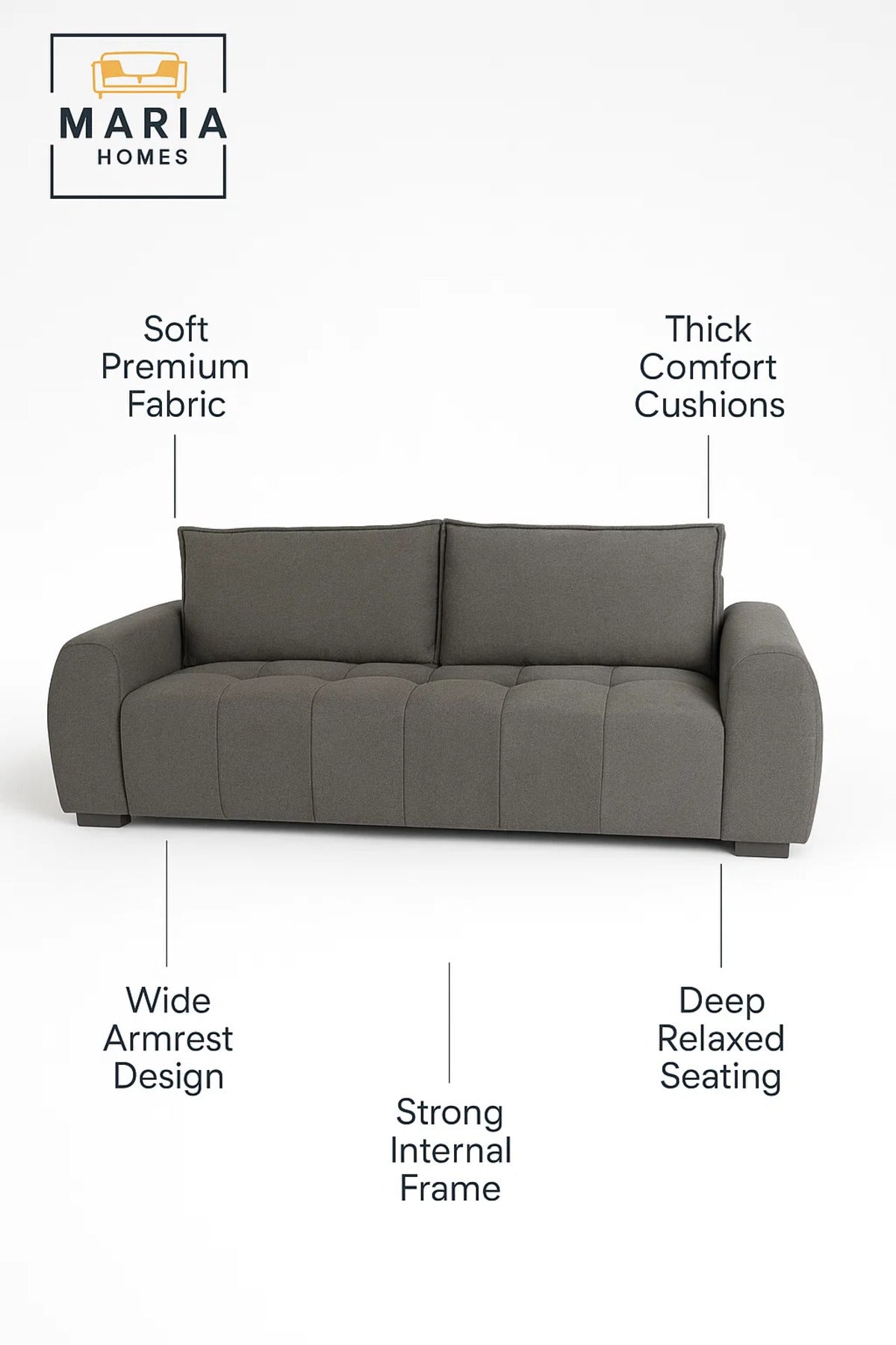 Modern Dark Gray 3 Seater Sofa Ð Comfortable Living Room Couch with Soft Fabric Upholstery