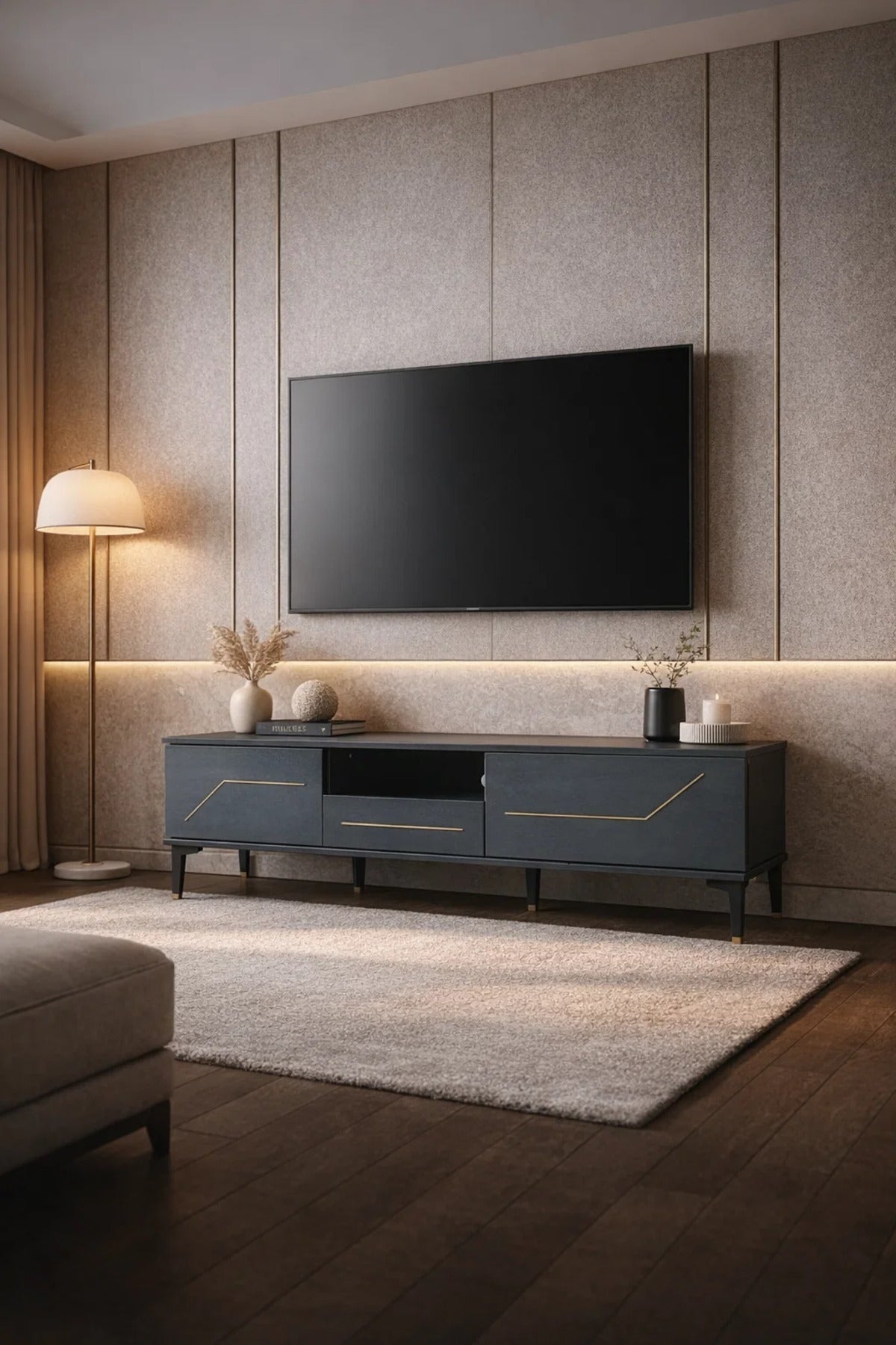 Dark Grey TV Stand √ê 180x40x45 cm Modern Plasma Table with Cabinets & Shelf