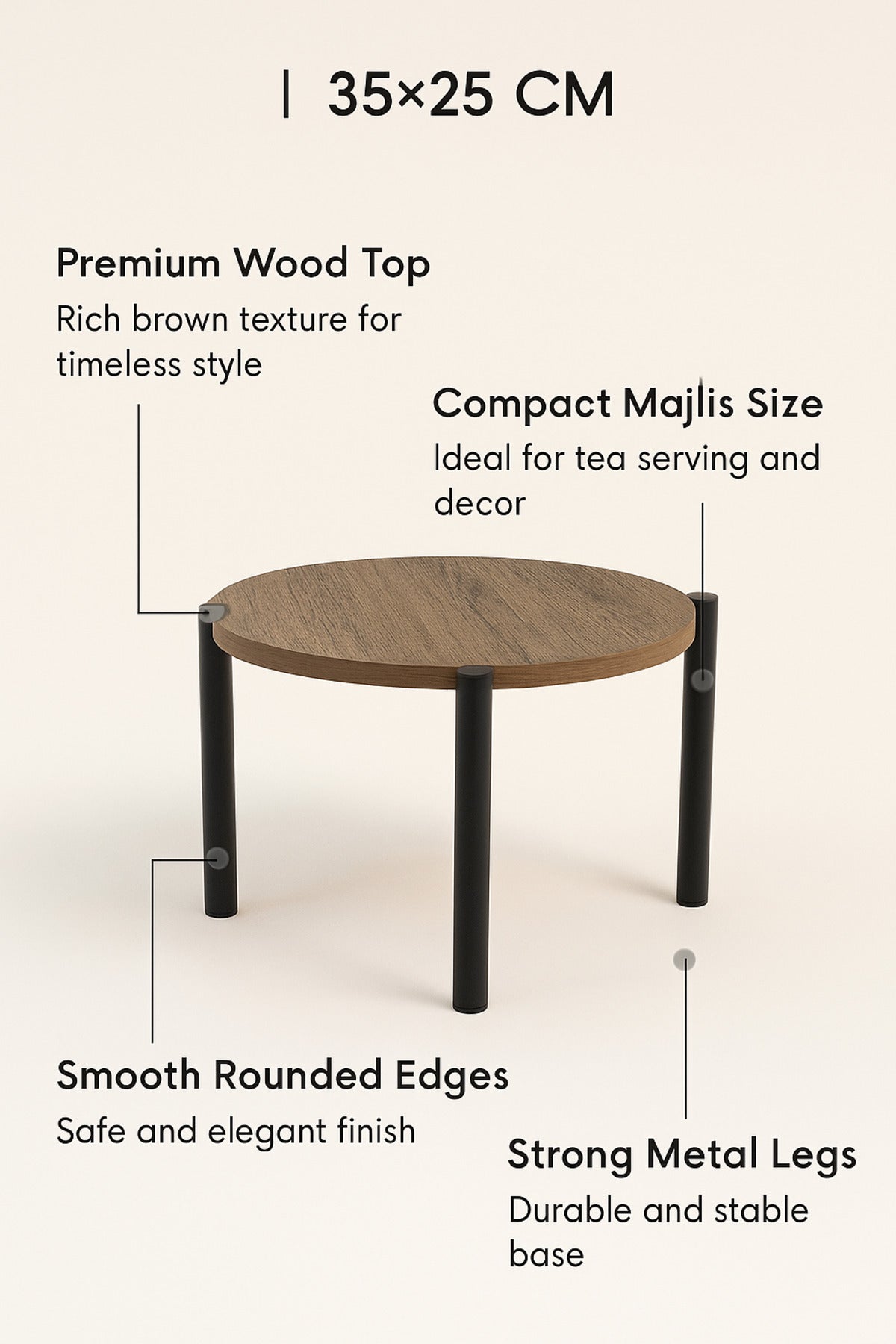 Round Brown Mini Coffee Table with Black Legs Ð Modern Accent Table 35_25 cm