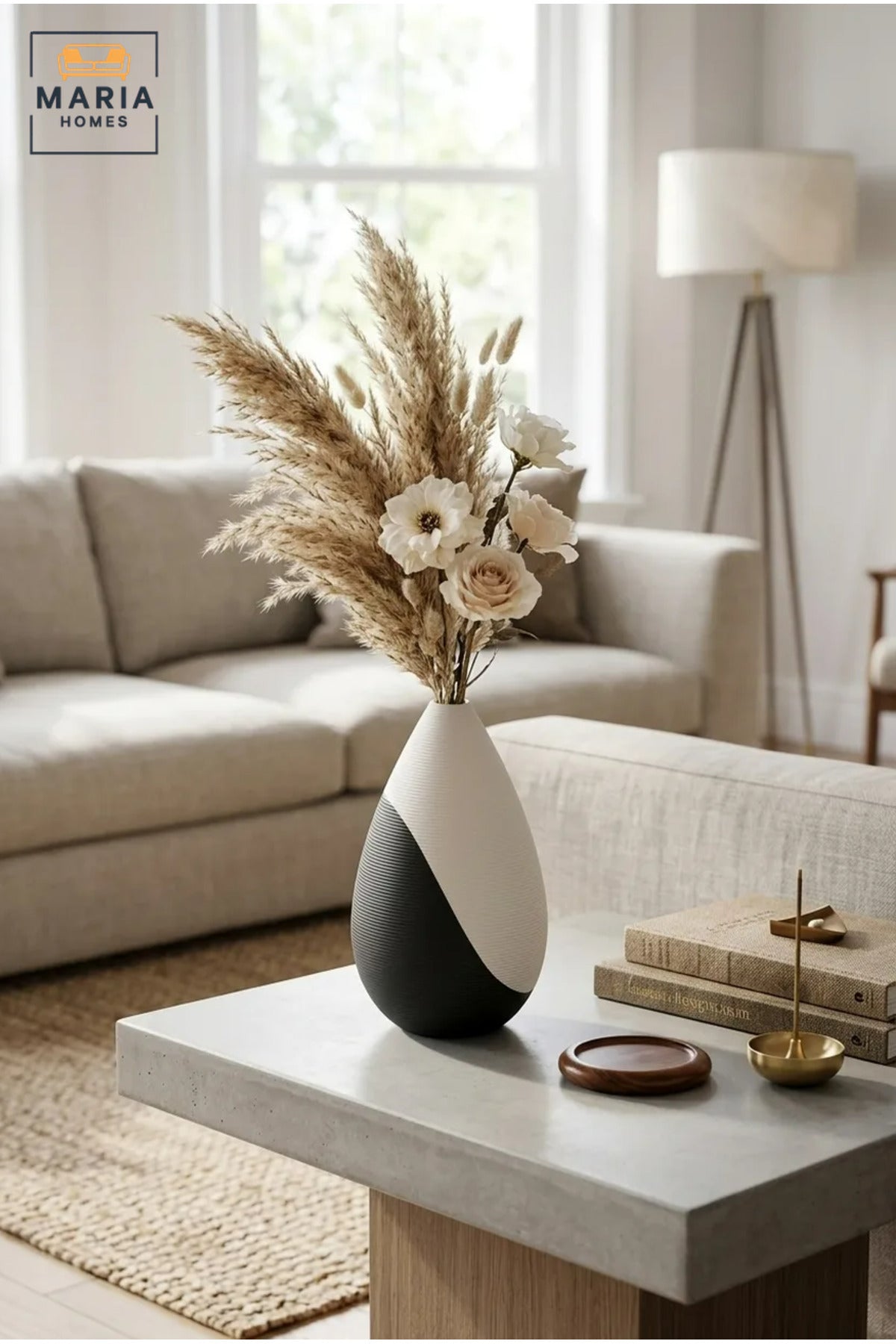 Modern Decorative Flower Vase with Two-Tone Abstract Design, Teardrop Shape and Ribbed Texture for Living Room, Bedroom, Office, Shelf and Console Décor