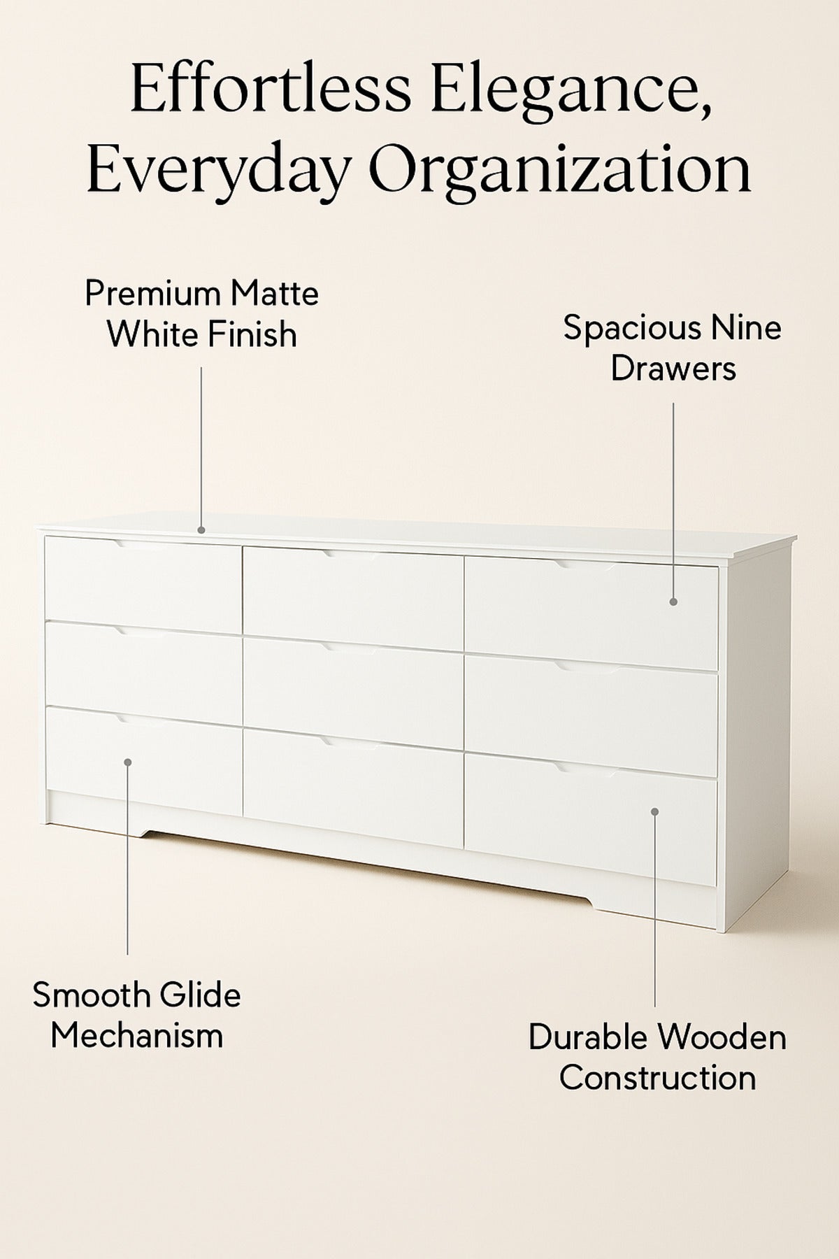 White Wooden Drawer Cabinet 160_48_80 cm Ð Modern 9-Drawer Dresser for Bedroom, Living Room & Office